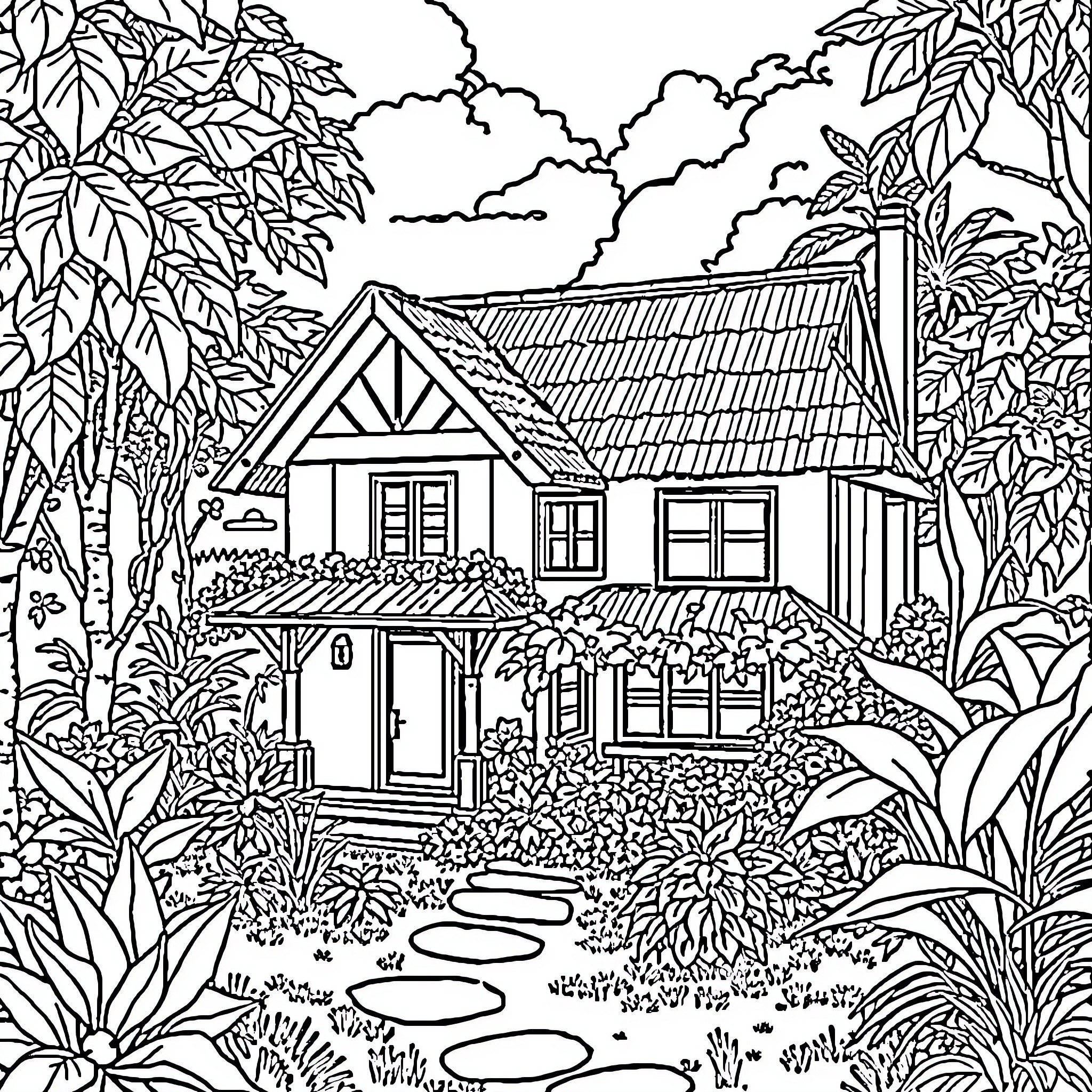 House nestled in lush garden with foliage Coloring Page (free black-and-white line drawing printable PDF for all, from beginners to advanced learners, including children, teens, adults, and seniors)