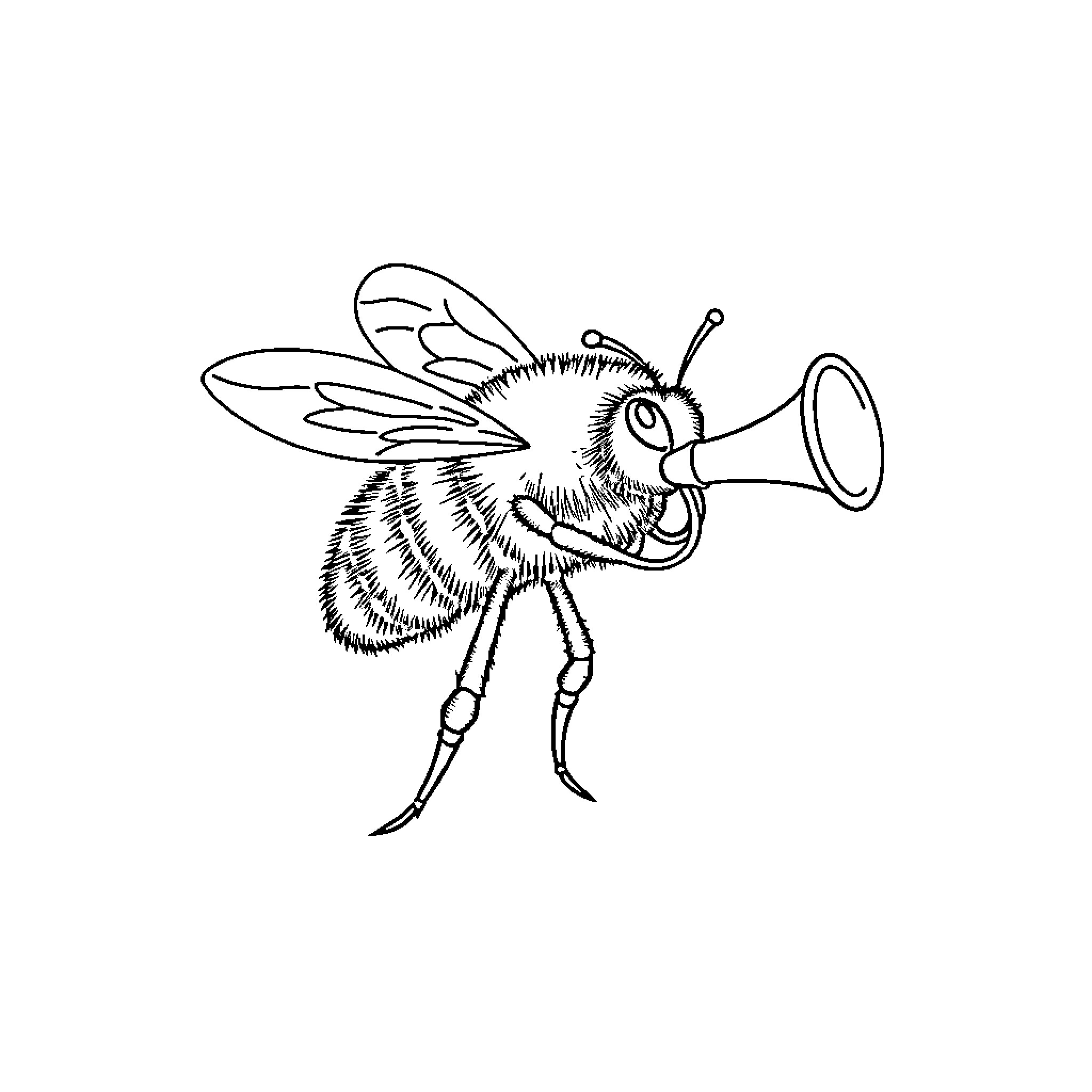 Bee Announcing with Megaphone Coloring Page (free black-and-white line drawing printable PDF for all, from beginners to advanced learners, including children, teens, adults, and seniors)