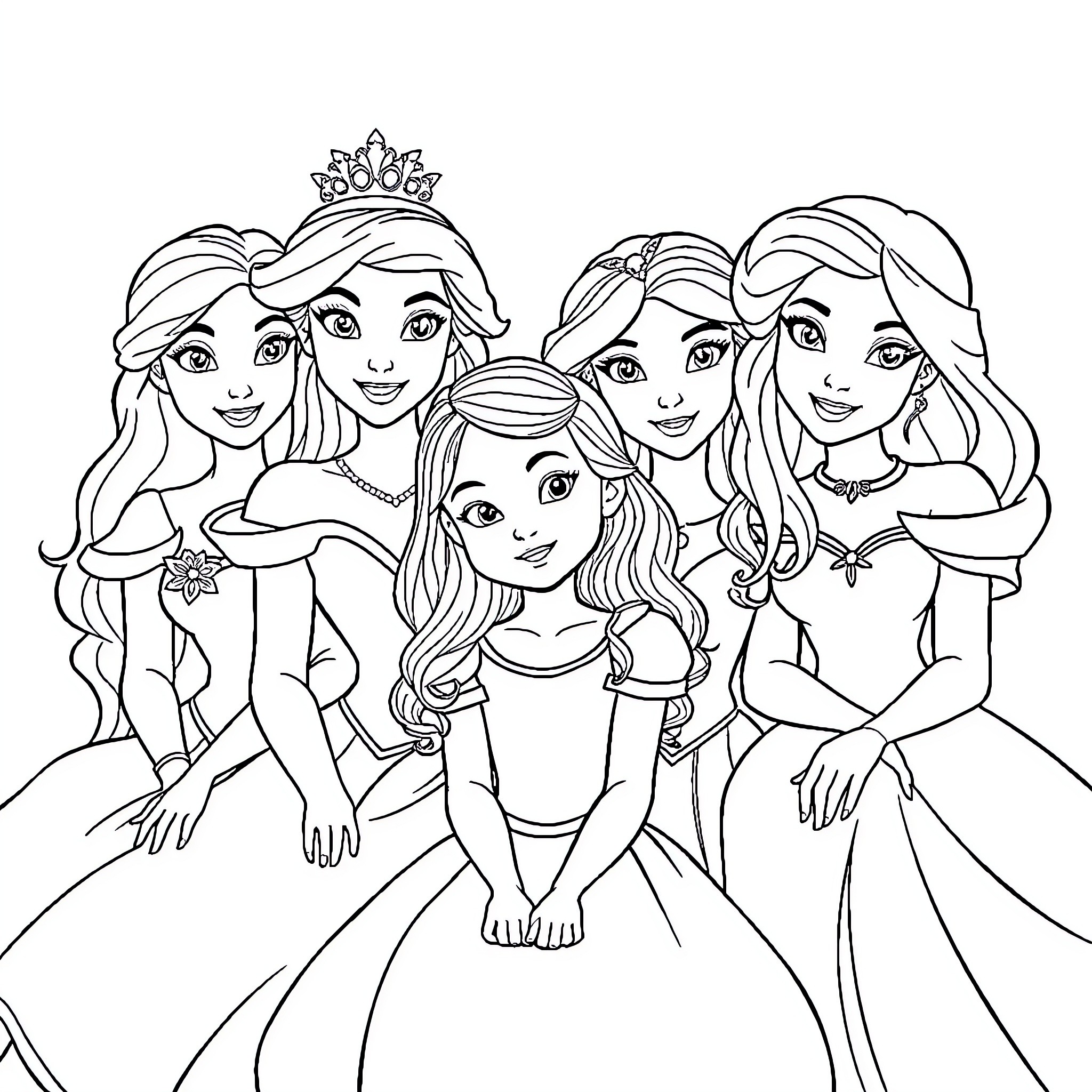 Princess Sisters Posing Together in Elegant Gowns Coloring Page (free black-and-white line drawing printable PDF for all, from beginners to advanced learners, including children, teens, adults, and seniors)