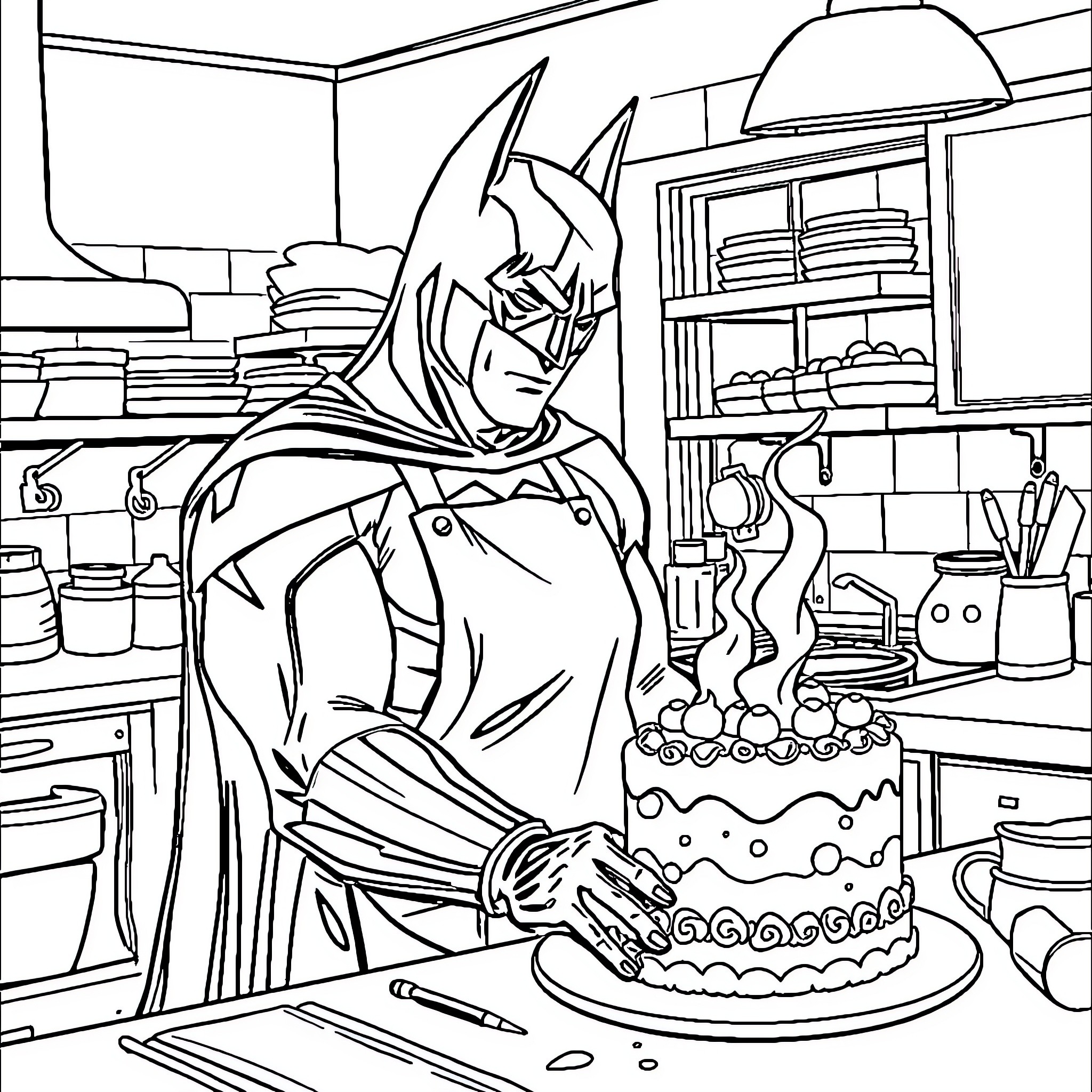 Batman Preparing a Decorated Cake in the Kitchen Coloring Page (free black-and-white line drawing printable PDF for all, from beginners to advanced learners, including children, teens, adults, and seniors)