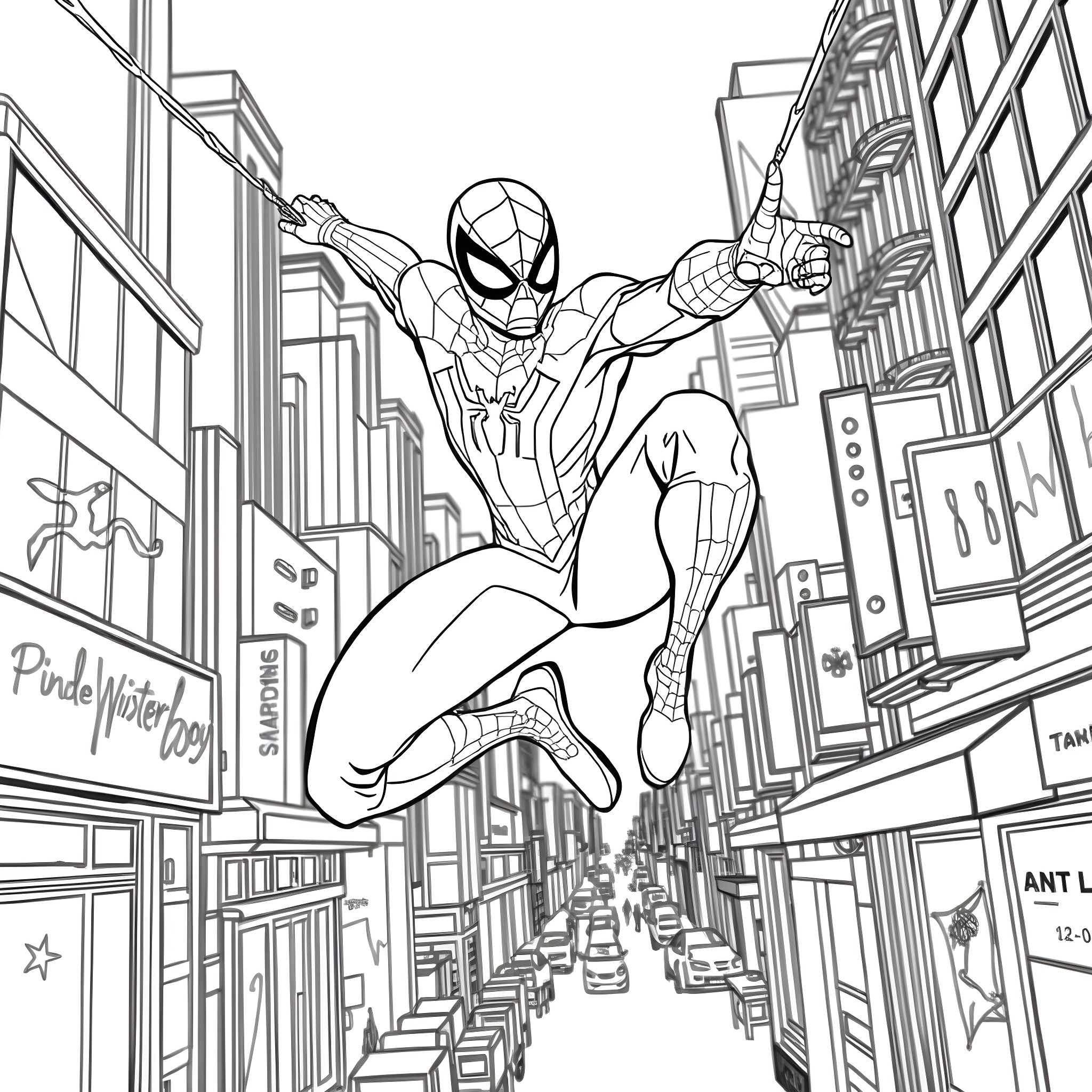 Spider-Boy swinging through the city skyline Coloring Page (free black-and-white line drawing printable PDF for all, from beginners to advanced learners, including children, teens, adults, and seniors)