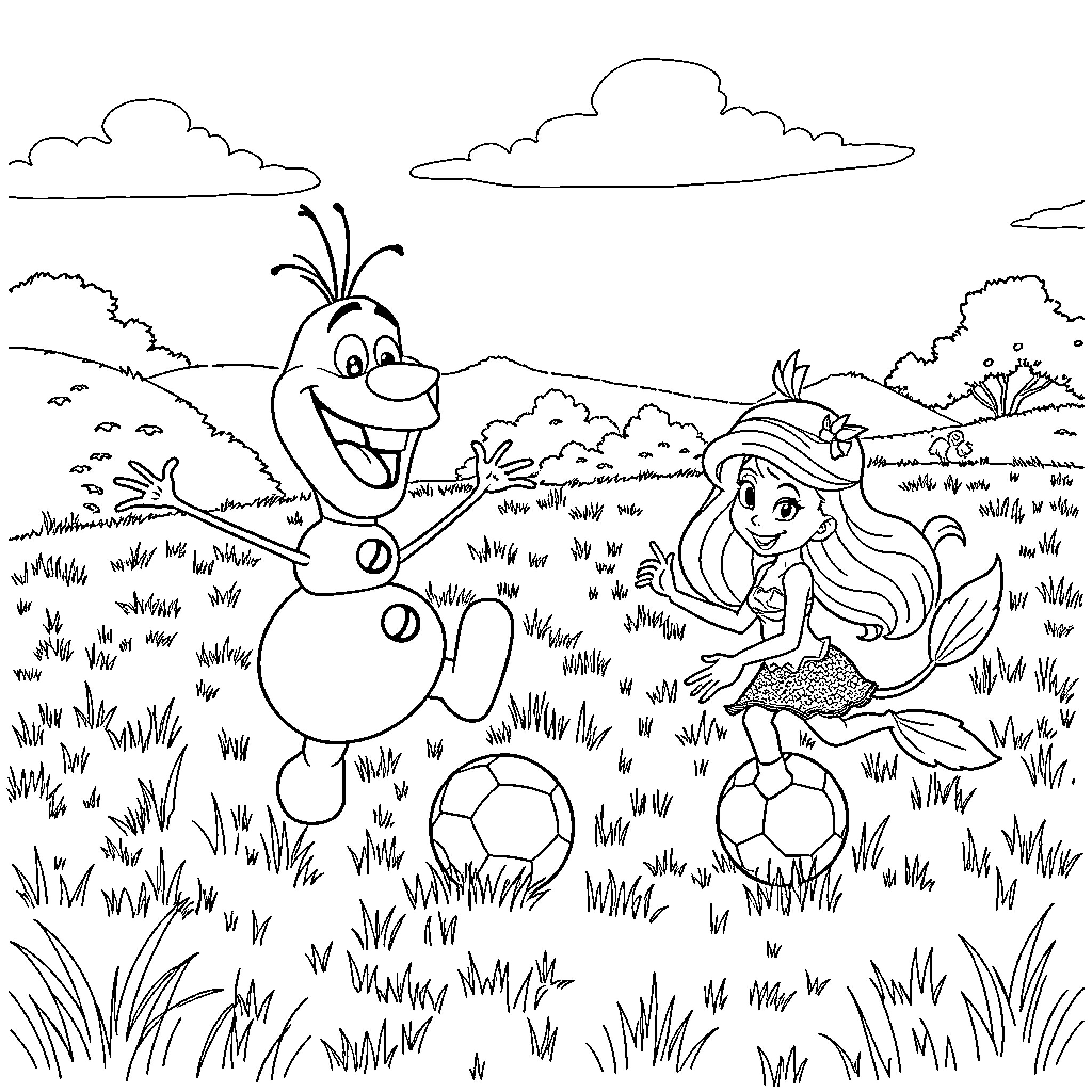 Olaf's Outdoor Adventure with Mermaid Friend Coloring Page (free black-and-white line drawing printable PDF for all, from beginners to advanced learners, including children, teens, adults, and seniors)