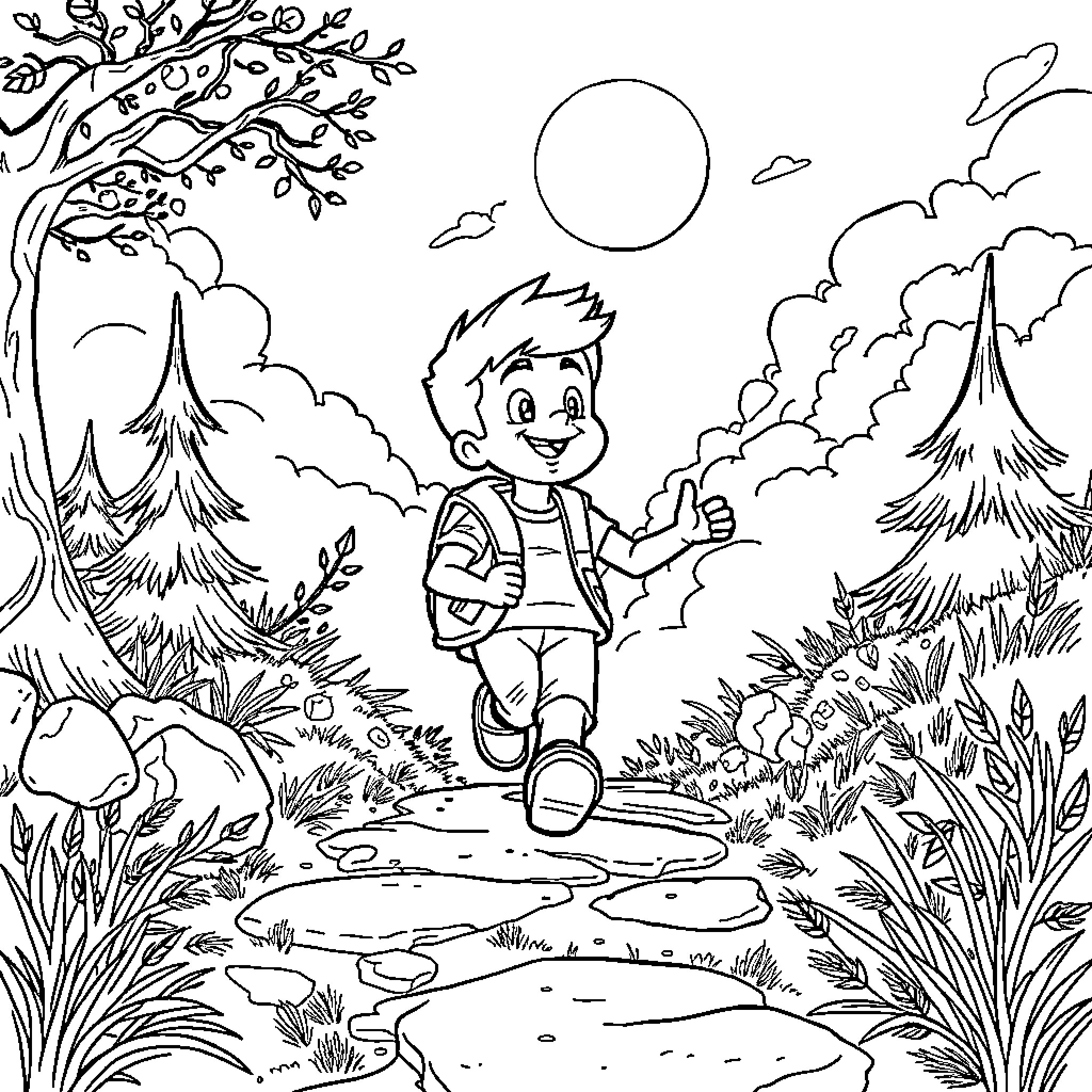 Danny's Adventure in the Enchanted Forest Coloring Page (free black-and-white line drawing printable PDF for all, from beginners to advanced learners, including children, teens, adults, and seniors)