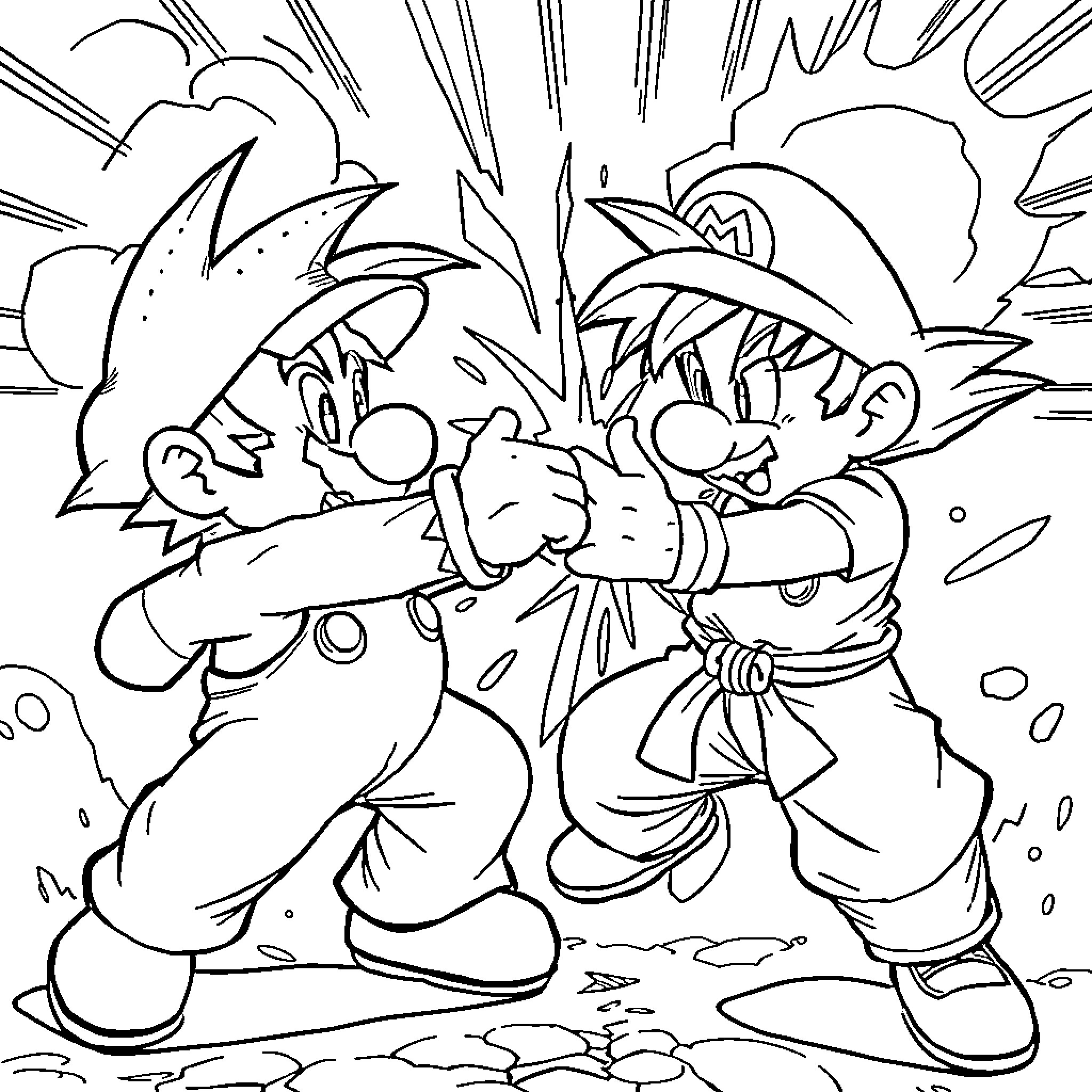 Mario's Intense Battle with Foe Coloring Page (free black-and-white line drawing printable PDF for all, from beginners to advanced learners, including children, teens, adults, and seniors)