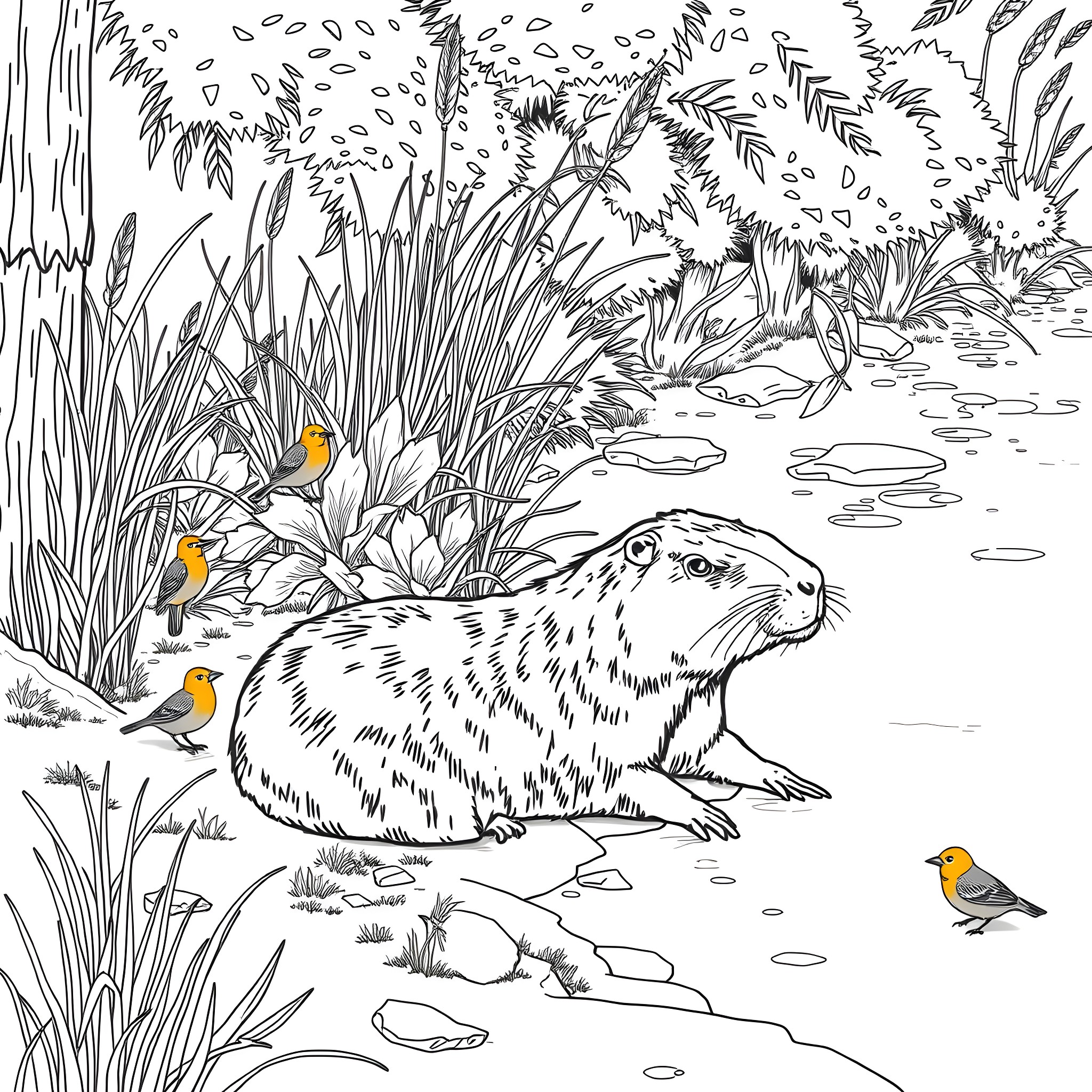 Capybara relaxing in natural habitat with birds Coloring Page (free black-and-white line drawing printable PDF for all, from beginners to advanced learners, including children, teens, adults, and seniors)