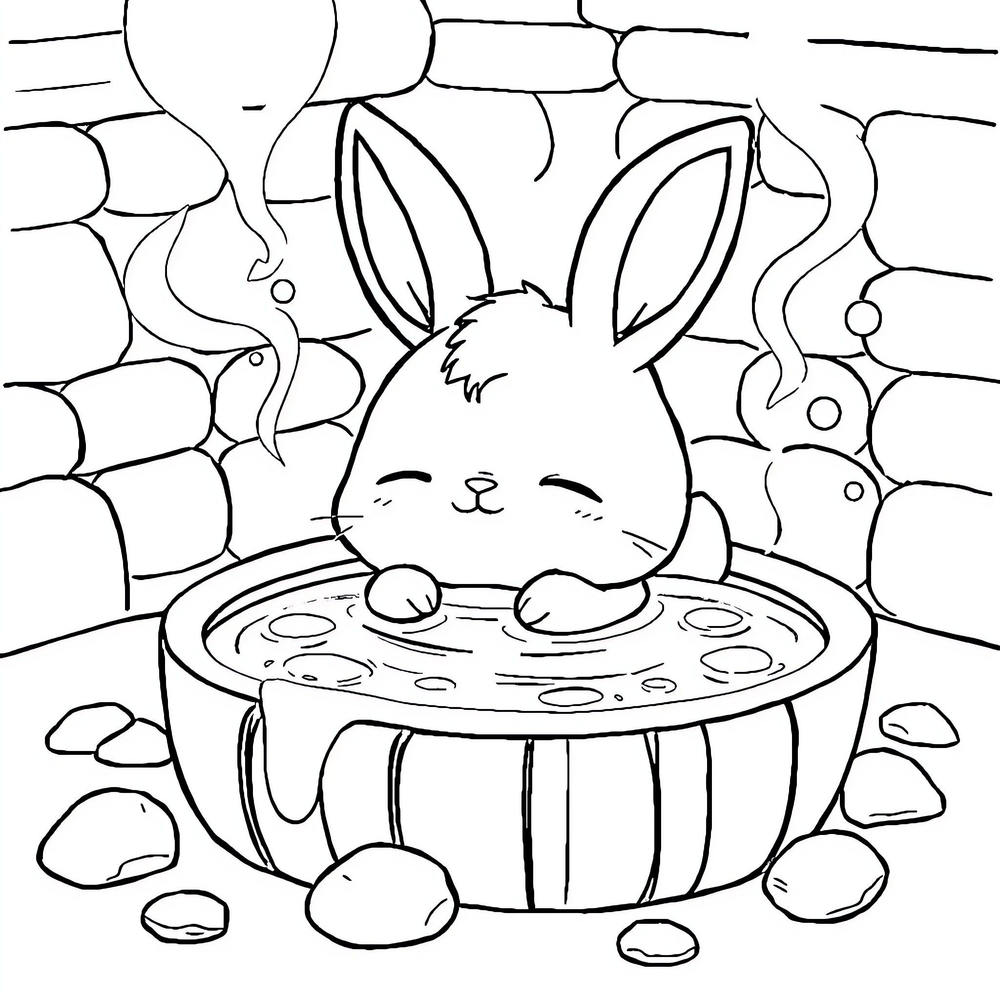 Bunny relaxing in a cozy hot tub Coloring Page (free black-and-white line drawing printable PDF for all, from beginners to advanced learners, including children, teens, adults, and seniors)