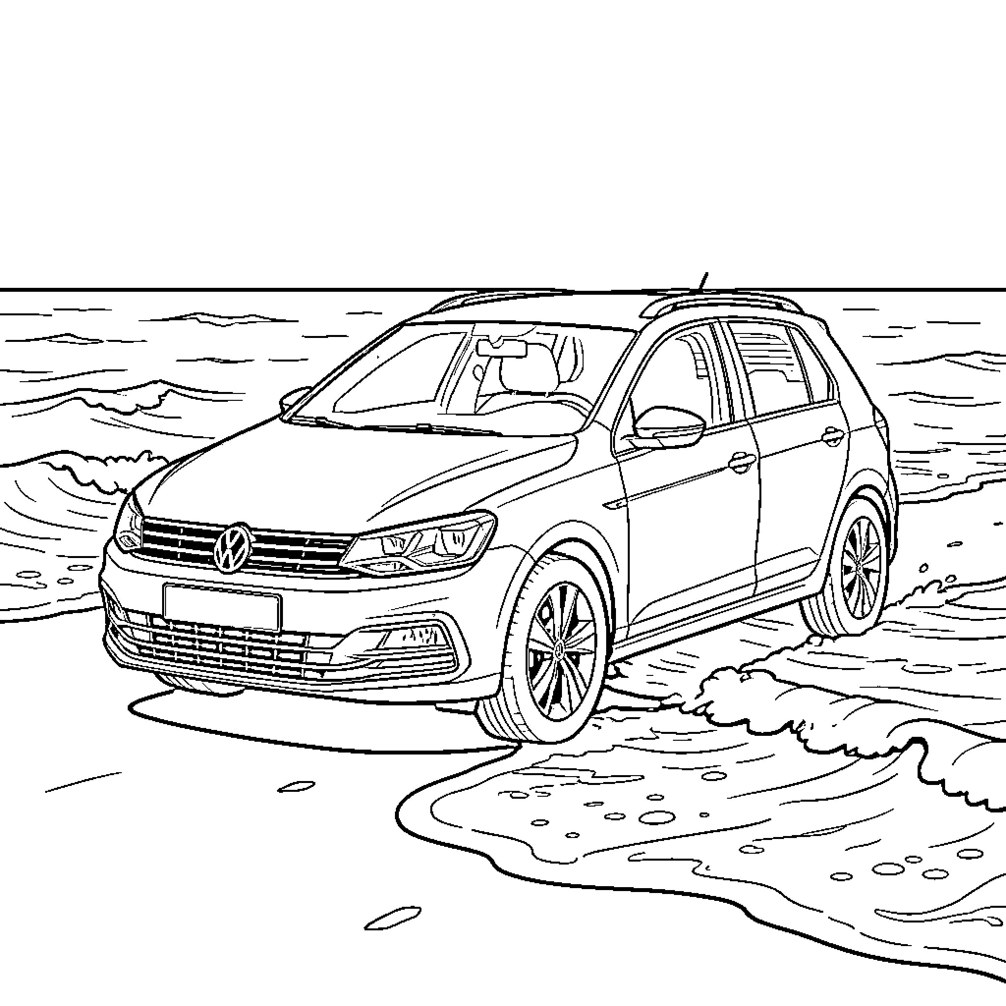 Volkswagen SUV traversing coastal landscape Coloring Page (free black-and-white line drawing printable PDF for all, from beginners to advanced learners, including children, teens, adults, and seniors)
