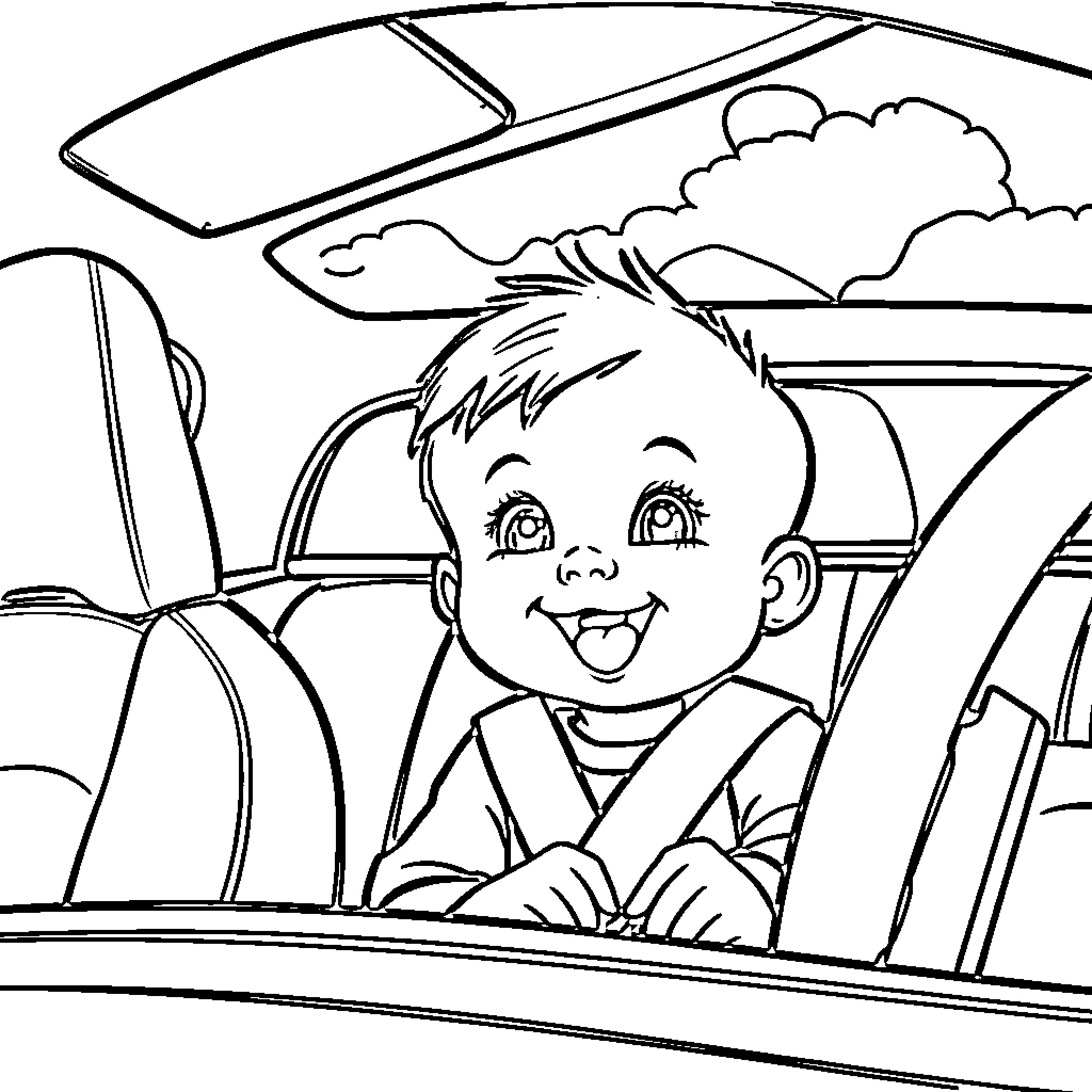 Baby riding happily in a car Coloring Page (free black-and-white line drawing printable PDF for all, from beginners to advanced learners, including children, teens, adults, and seniors)