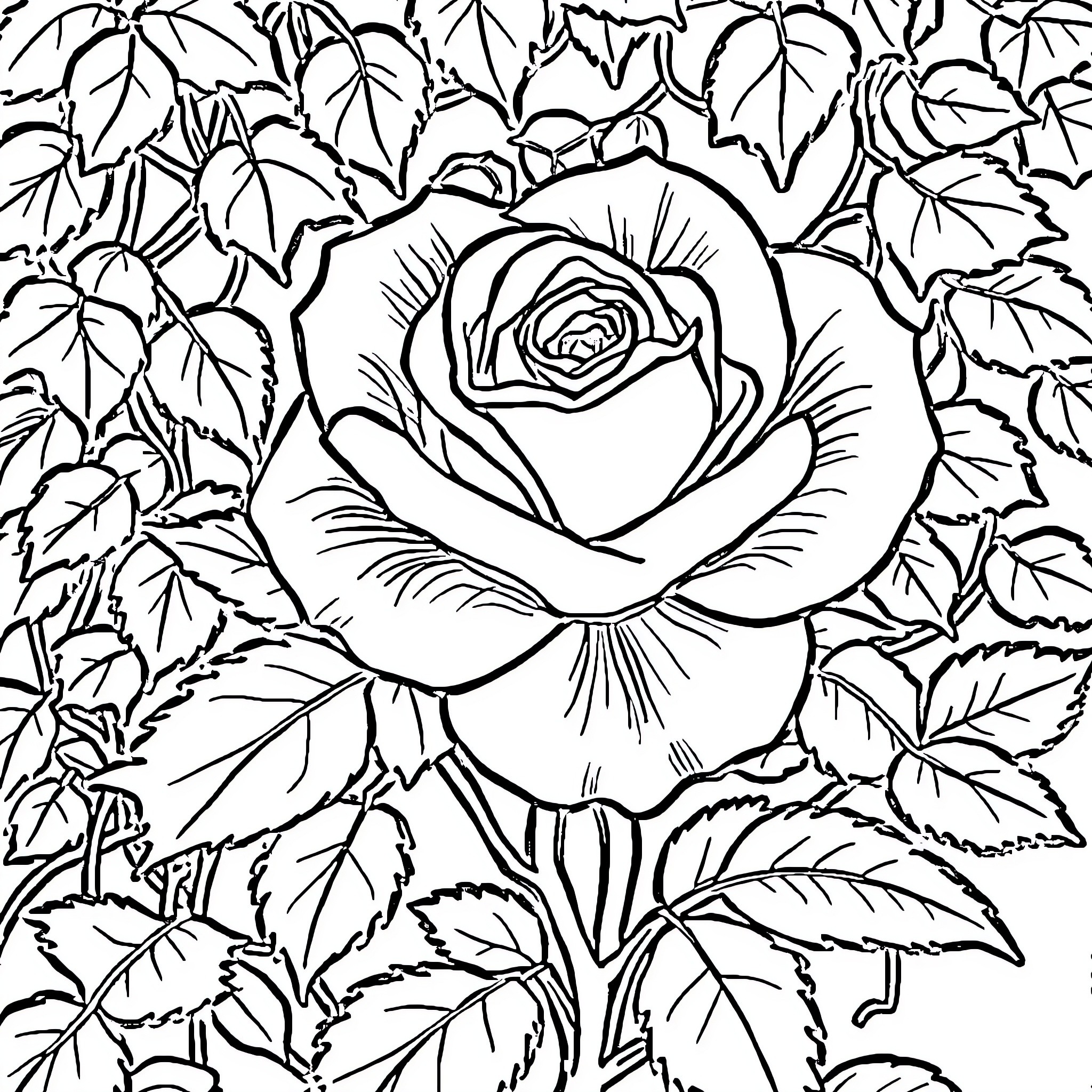 Rose blooming amidst lush foliage Coloring Page (free black-and-white line drawing printable PDF for all, from beginners to advanced learners, including children, teens, adults, and seniors)