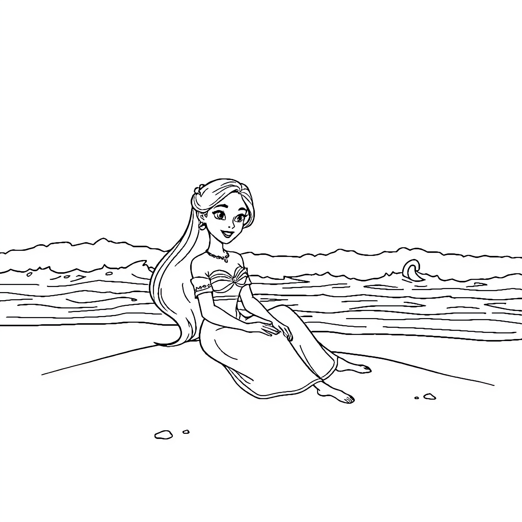 Tiana enjoying a peaceful day at the beach Coloring Page (free black-and-white line drawing printable PDF for all, from beginners to advanced learners, including children, teens, adults, and seniors)
