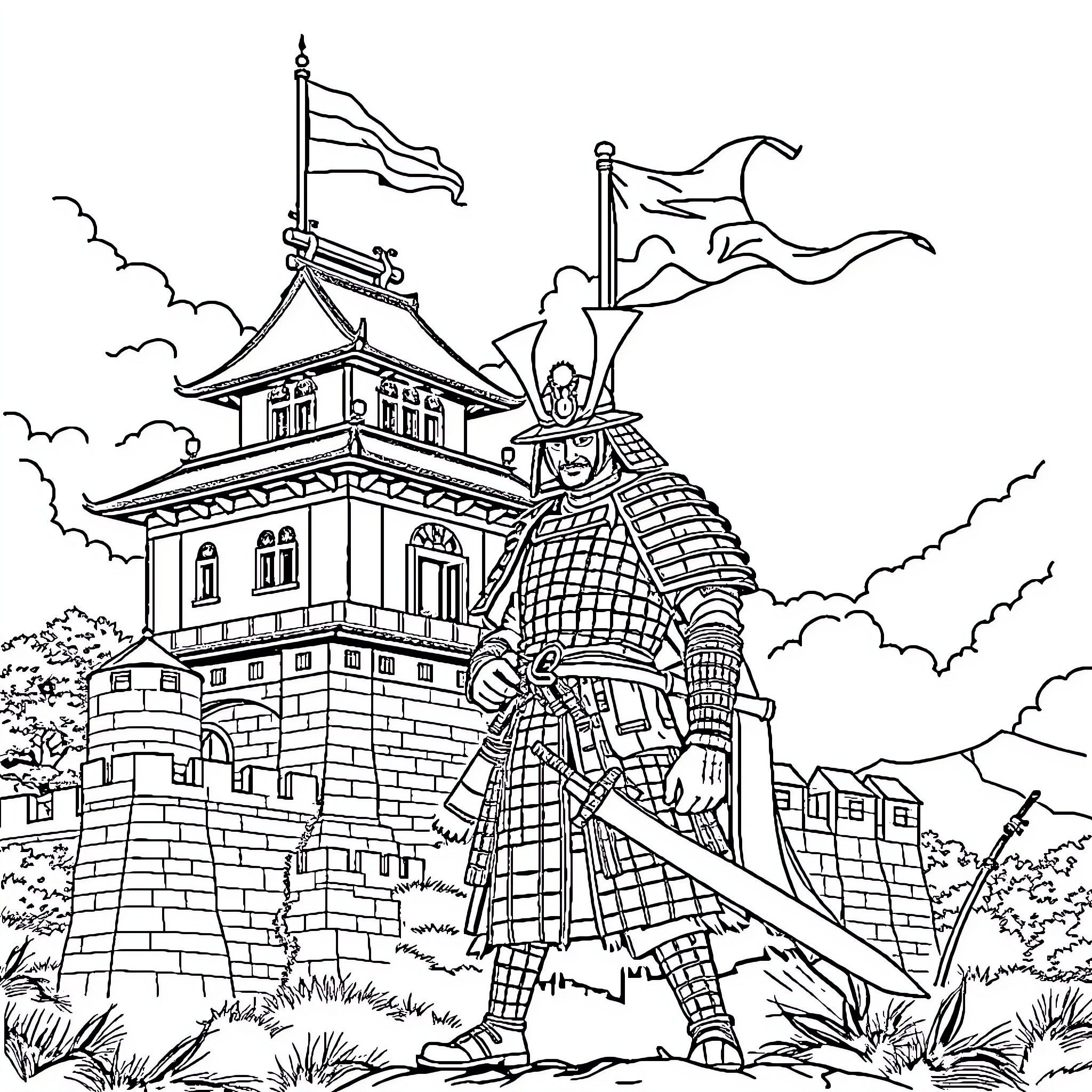 Samurai Warrior Guarding Fortified Castle Coloring Page (free black-and-white line drawing printable PDF for all, from beginners to advanced learners, including children, teens, adults, and seniors)