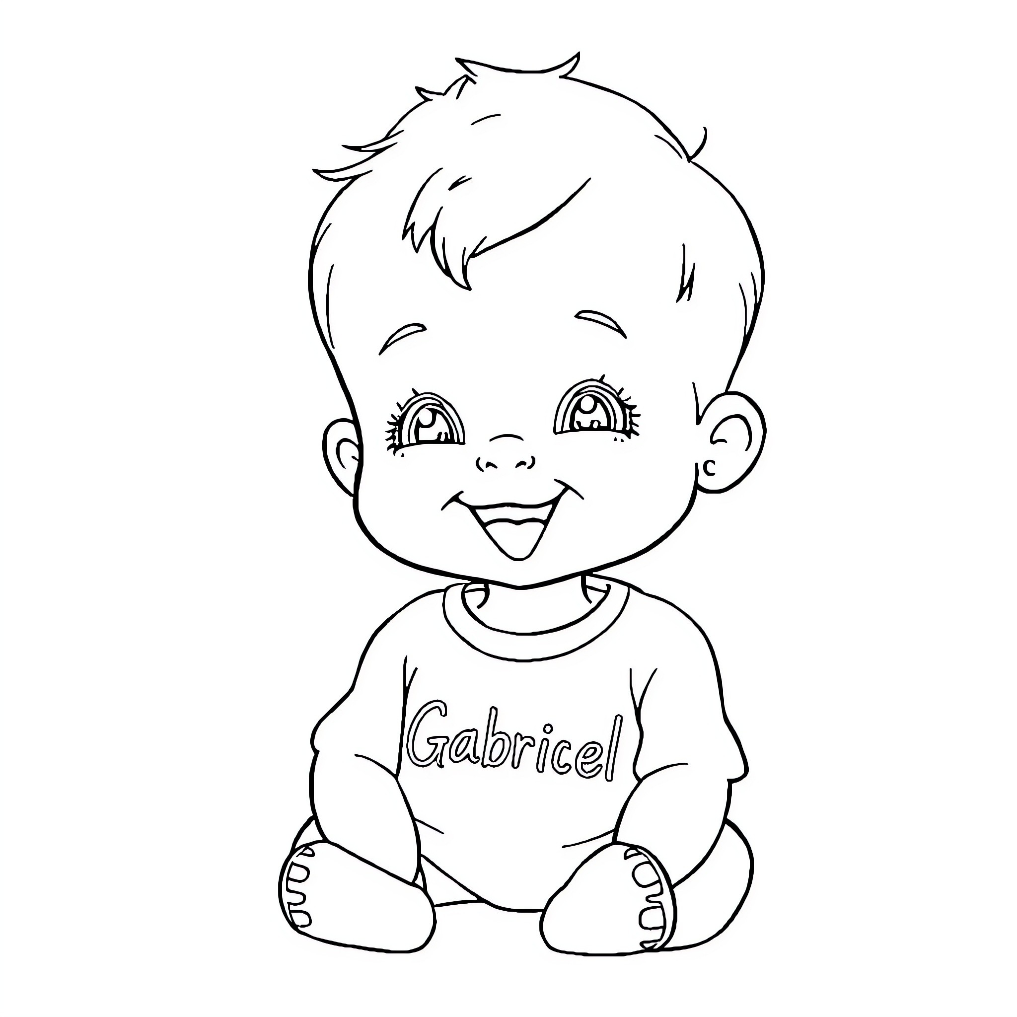 Baby smiling happily with name Gabricel Coloring Page (free black-and-white line drawing printable PDF for all, from beginners to advanced learners, including children, teens, adults, and seniors)
