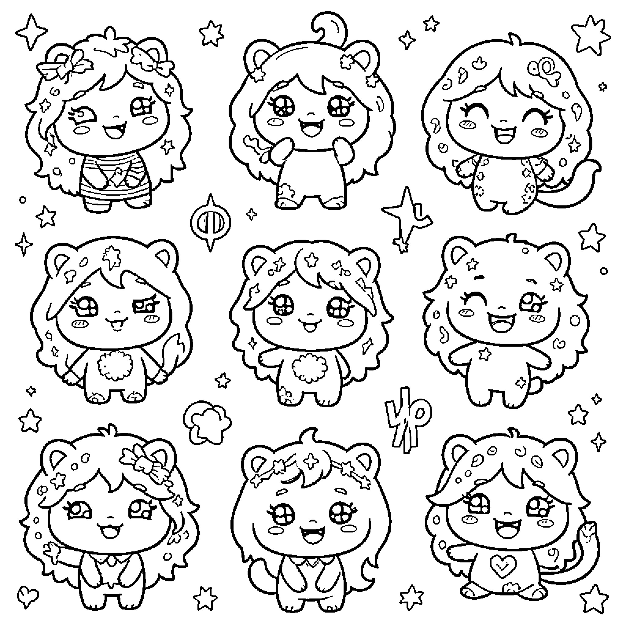 Zodiac Animals in Whimsical Poses Coloring Page (free black-and-white line drawing printable PDF for all, from beginners to advanced learners, including children, teens, adults, and seniors)