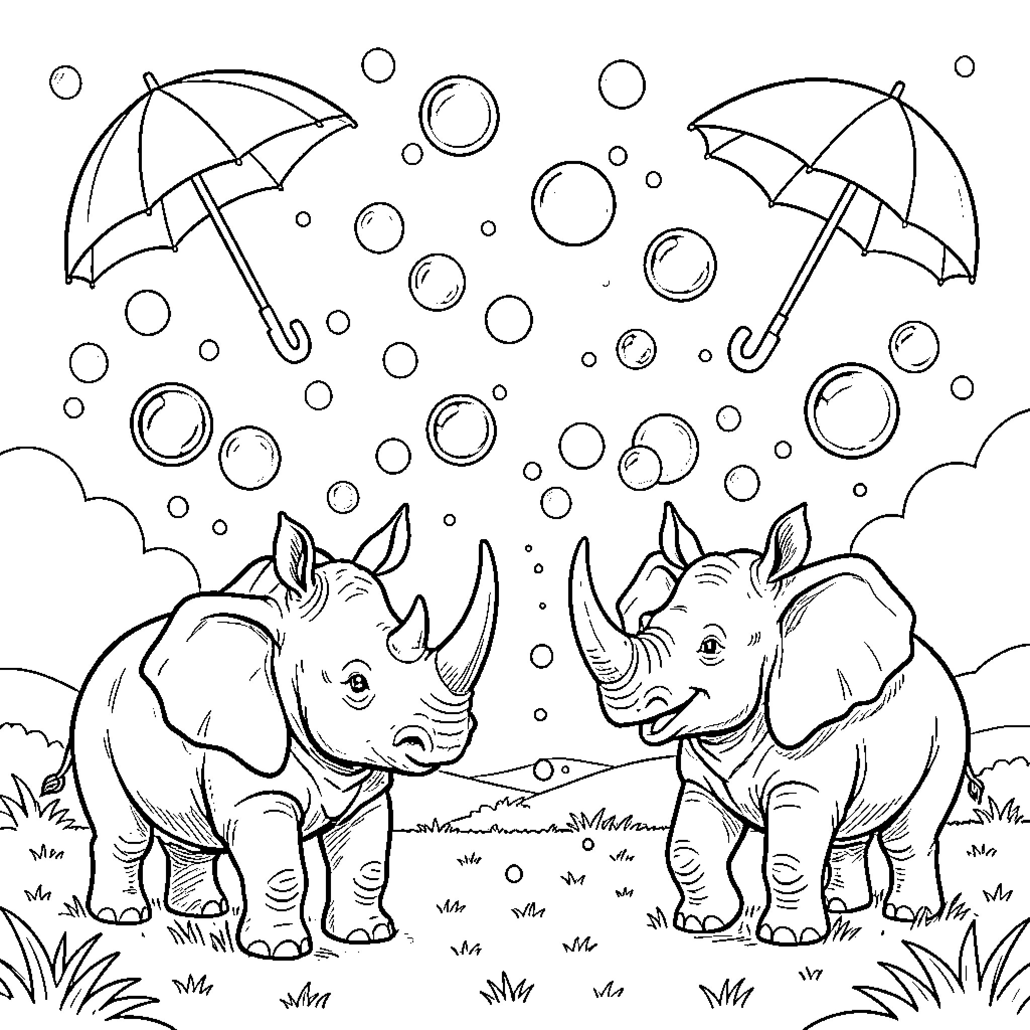 Rhinoceros pair enjoying rainy day with umbrellas Coloring Page (free black-and-white line drawing printable PDF for all, from beginners to advanced learners, including children, teens, adults, and seniors)