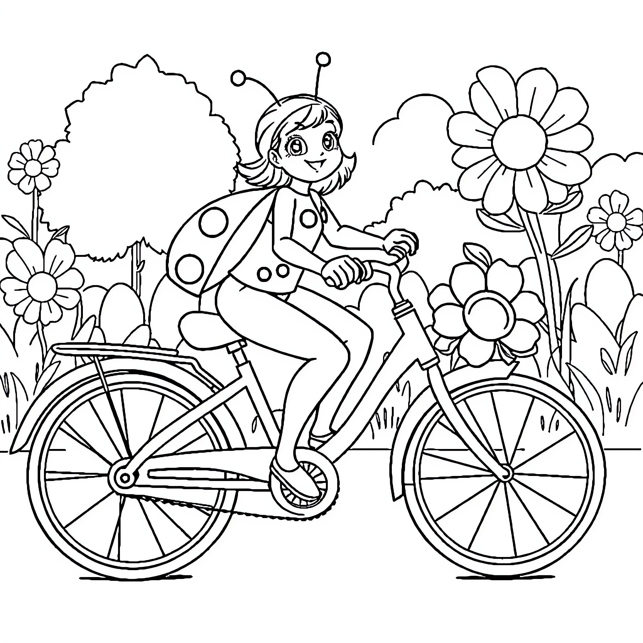 Ladybug enjoying a bike ride through a garden Coloring Page (free black-and-white line drawing printable PDF for all, from beginners to advanced learners, including children, teens, adults, and seniors)