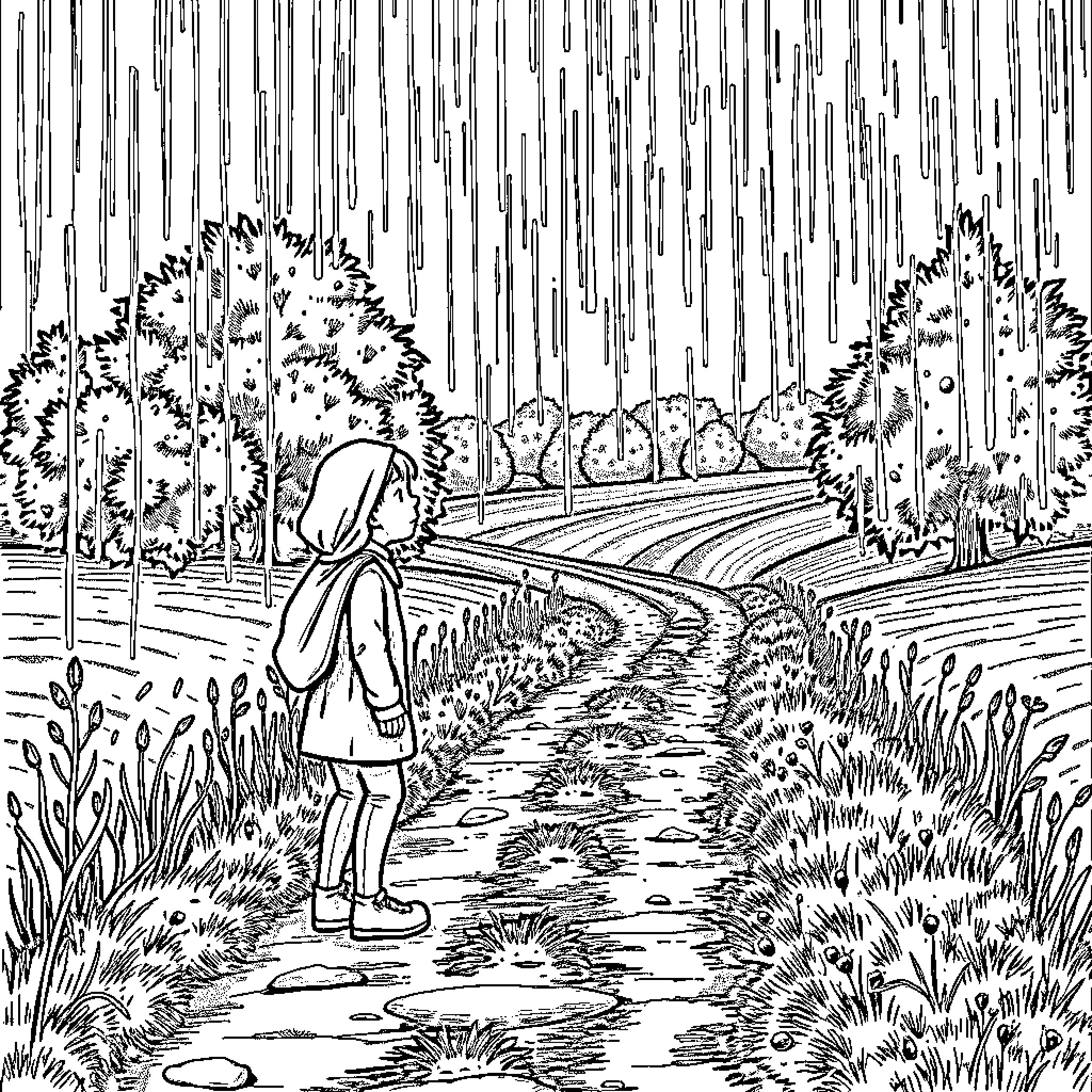Orphan Walking Through Rainy Forest Landscape Coloring Page (free black-and-white line drawing printable PDF for all, from beginners to advanced learners, including children, teens, adults, and seniors)