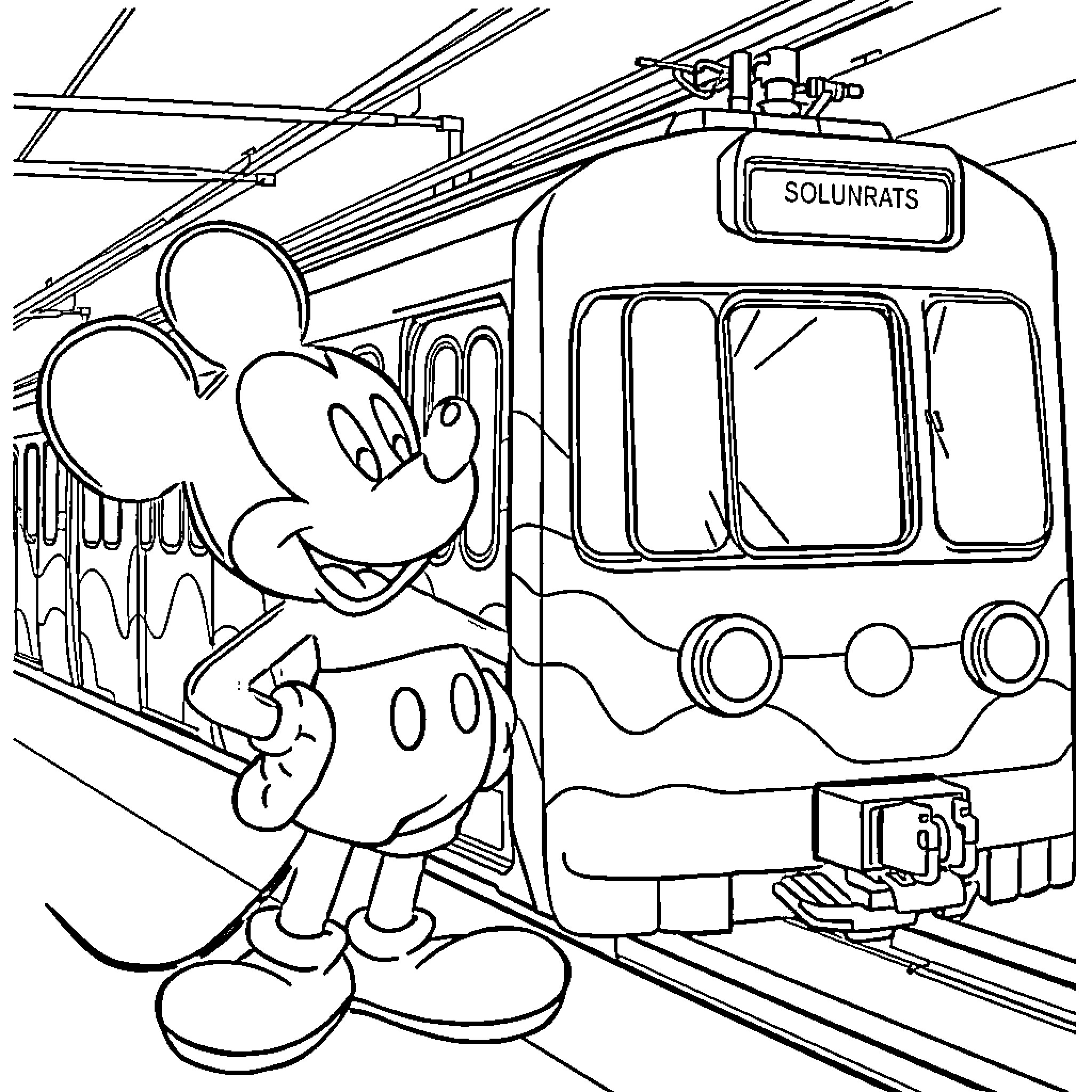 Mickey Mouse riding a train Coloring Page (free black-and-white line drawing printable PDF for all, from beginners to advanced learners, including children, teens, adults, and seniors)