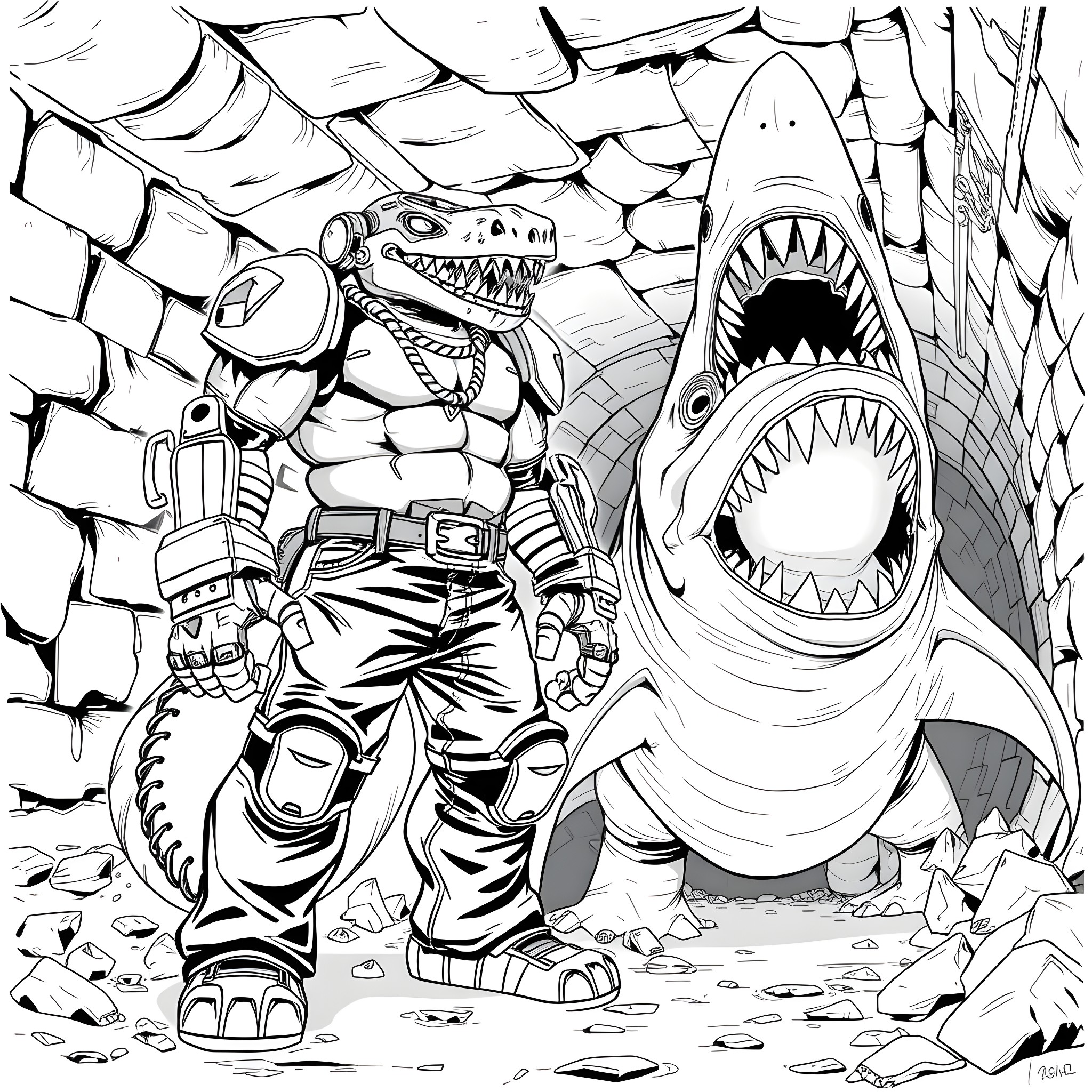 Killer Croc battling against a giant shark Coloring Page (free black-and-white line drawing printable PDF for all, from beginners to advanced learners, including children, teens, adults, and seniors)