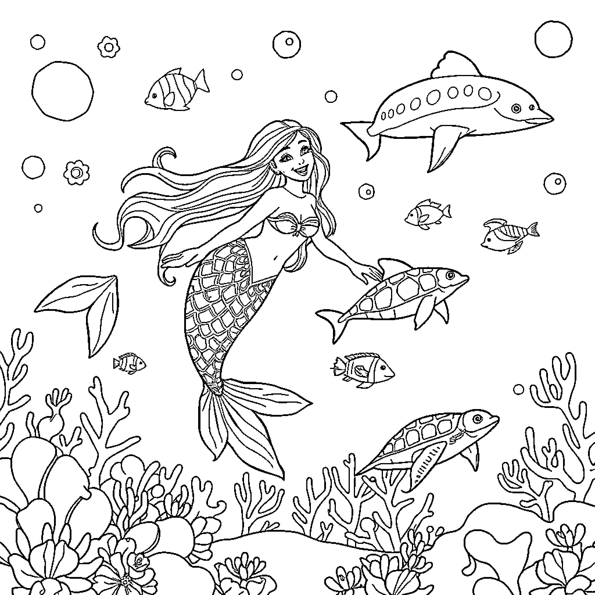 Mermaid swimming gracefully in the underwater world Coloring Page (free black-and-white line drawing printable PDF for all, from beginners to advanced learners, including children, teens, adults, and seniors)