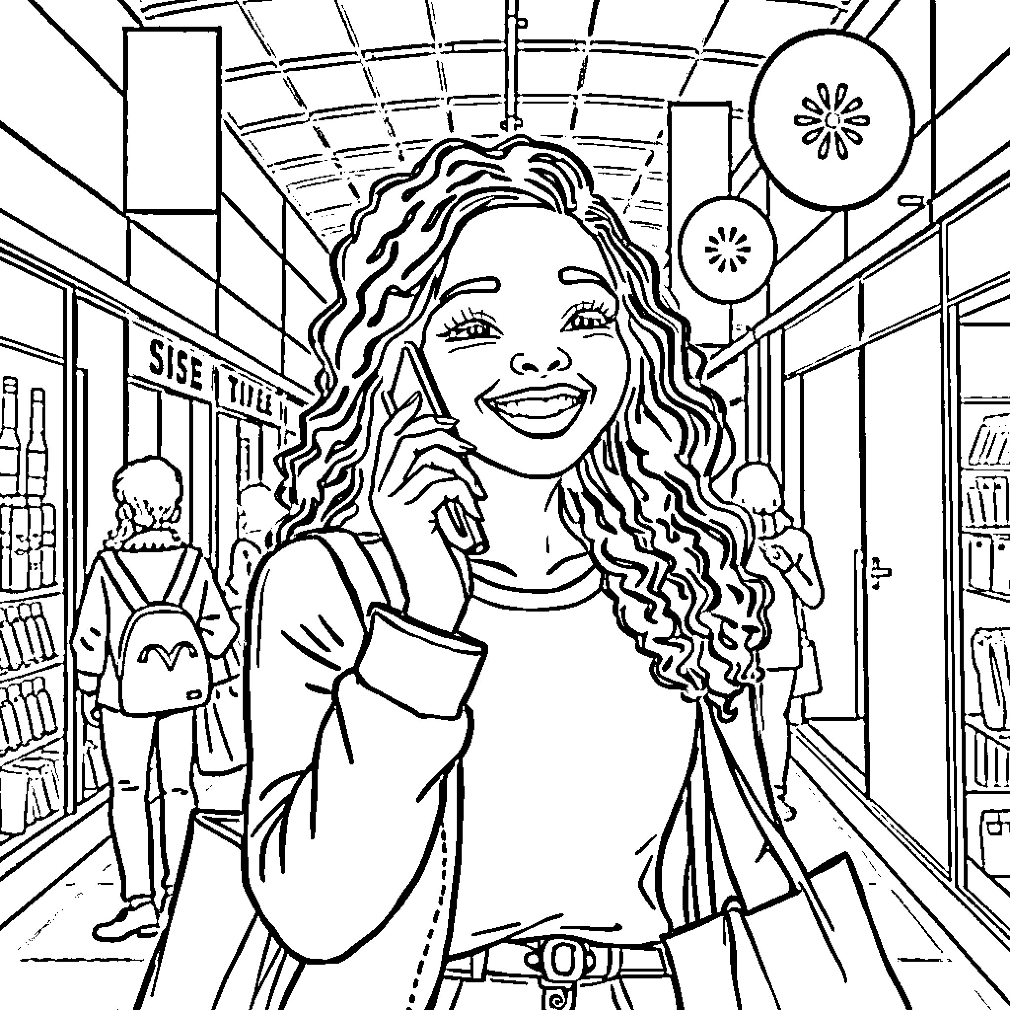 Girl Shopping Happily in the Grocery Store Coloring Page (free black-and-white line drawing printable PDF for all, from beginners to advanced learners, including children, teens, adults, and seniors)