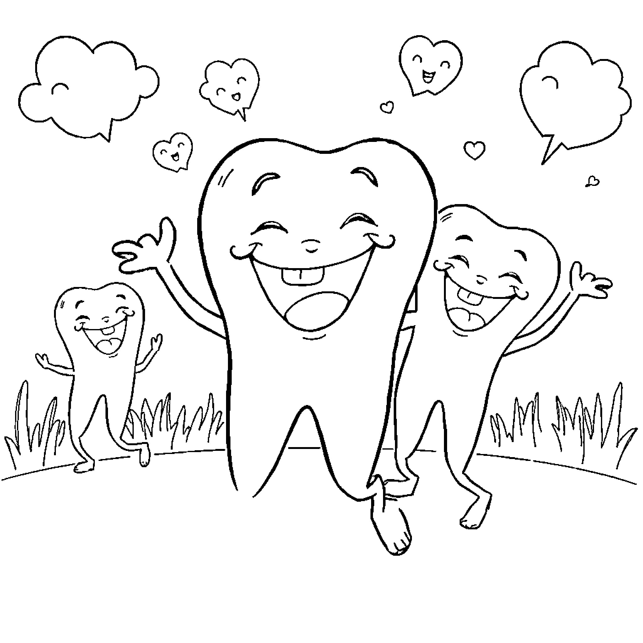 Teeth characters happily dancing in field Coloring Page (free black-and-white line drawing printable PDF for all, from beginners to advanced learners, including children, teens, adults, and seniors)
