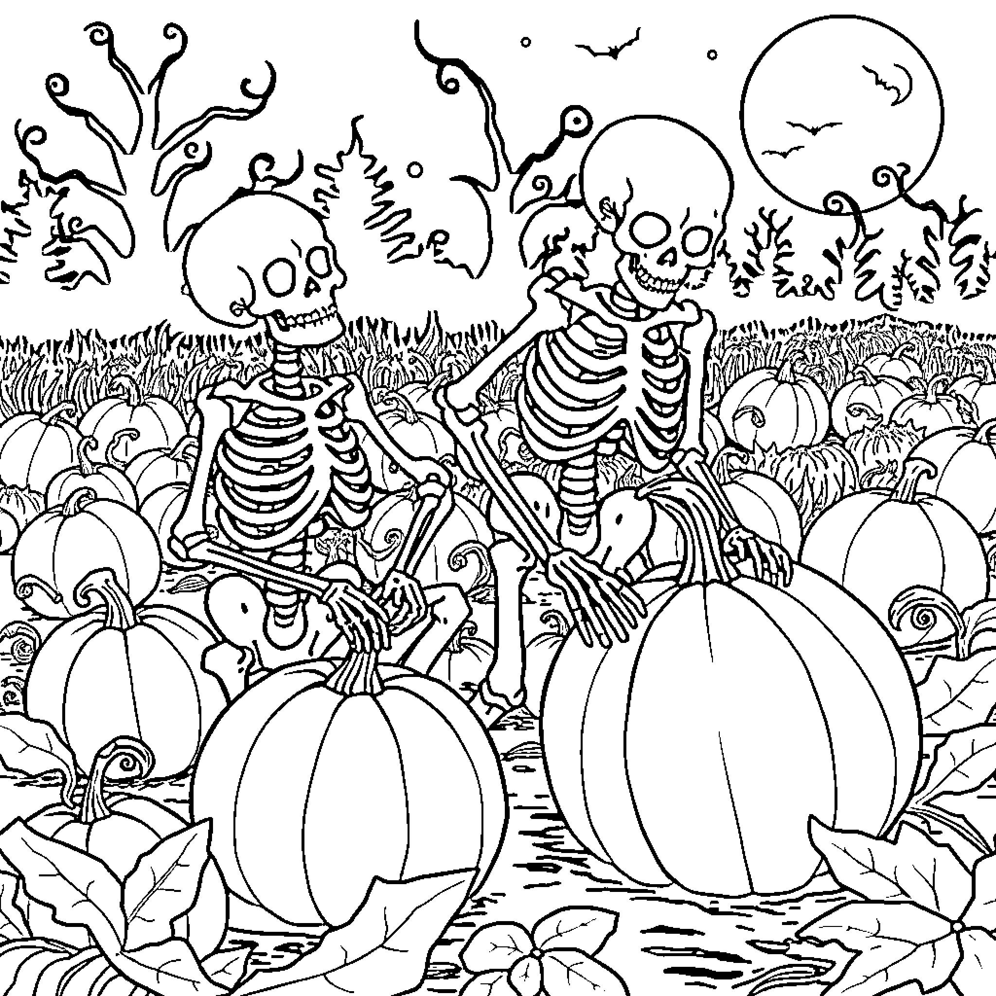 Skeletons dancing joyfully among pumpkins Coloring Page (free black-and-white line drawing printable PDF for all, from beginners to advanced learners, including children, teens, adults, and seniors)