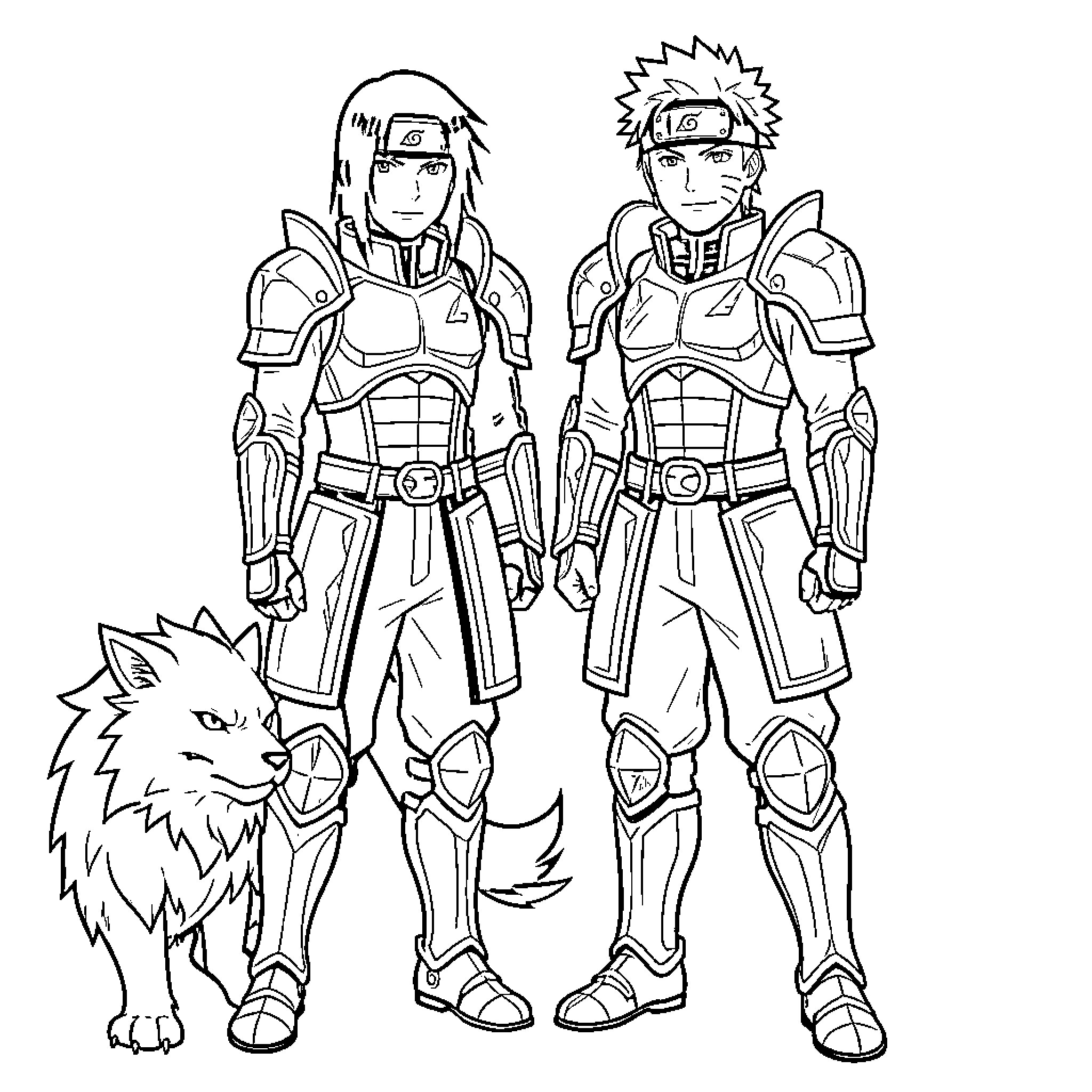 Sasuke and Naruto standing heroically with a wolf Coloring Page (free black-and-white line drawing printable PDF for all, from beginners to advanced learners, including children, teens, adults, and seniors)