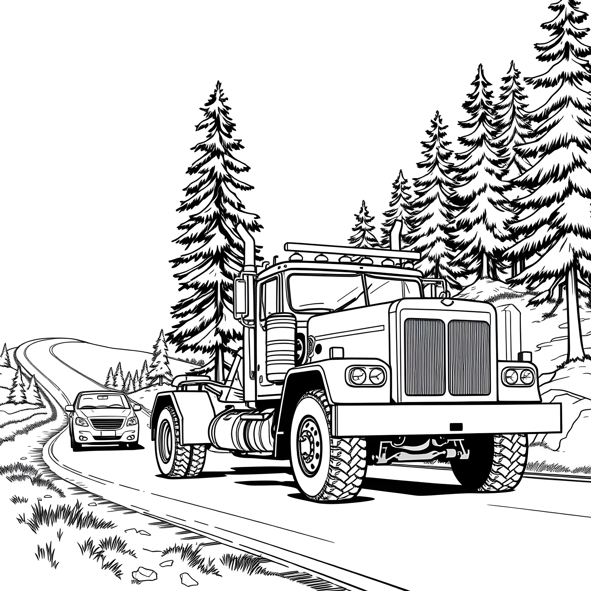 Tow Pickup Truck Transporting Vehicle on Snowy Forest Road Coloring Page (free black-and-white line drawing printable PDF for all, from beginners to advanced learners, including children, teens, adults, and seniors)