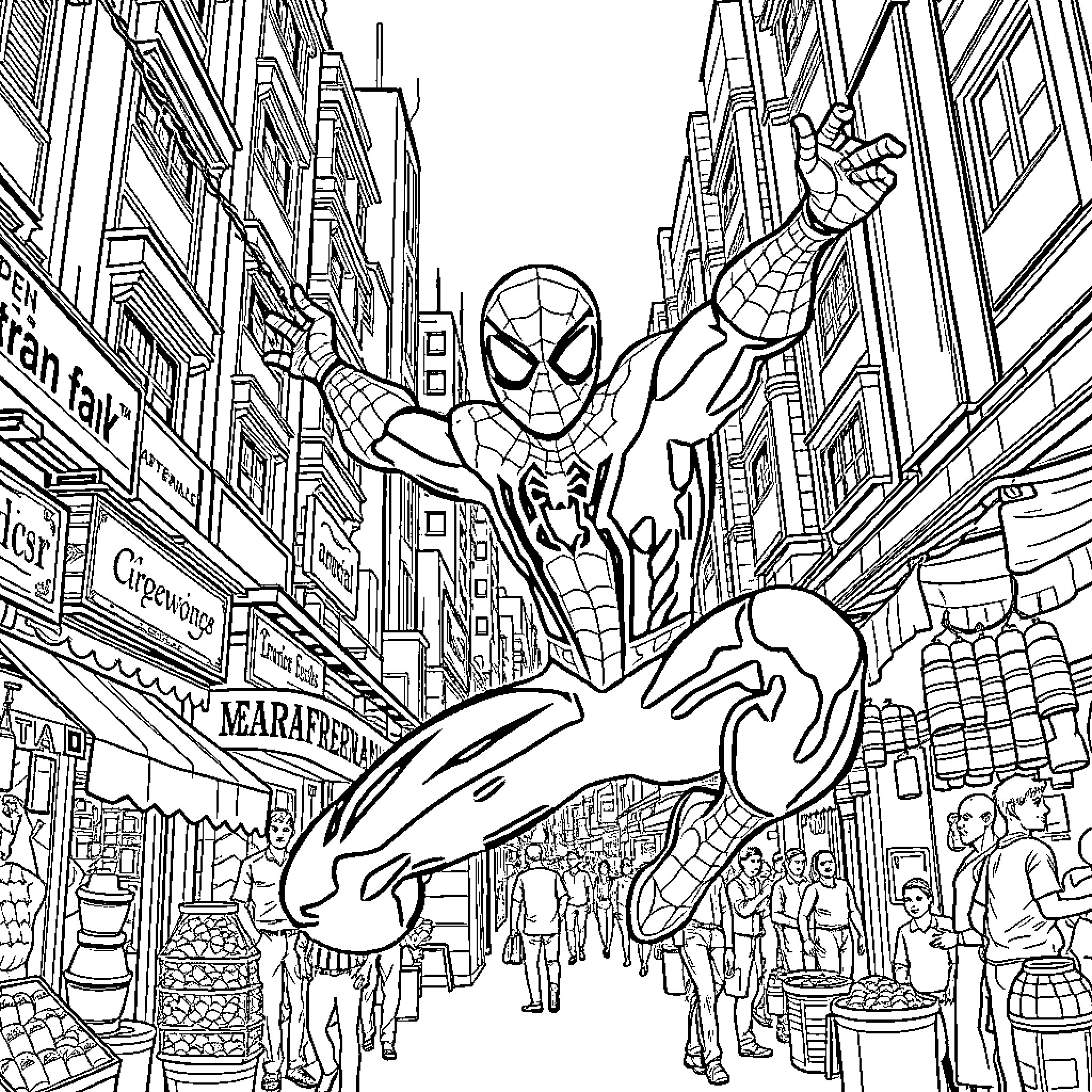 Spiderman swinging through the city streets Coloring Page (free black-and-white line drawing printable PDF for all, from beginners to advanced learners, including children, teens, adults, and seniors)