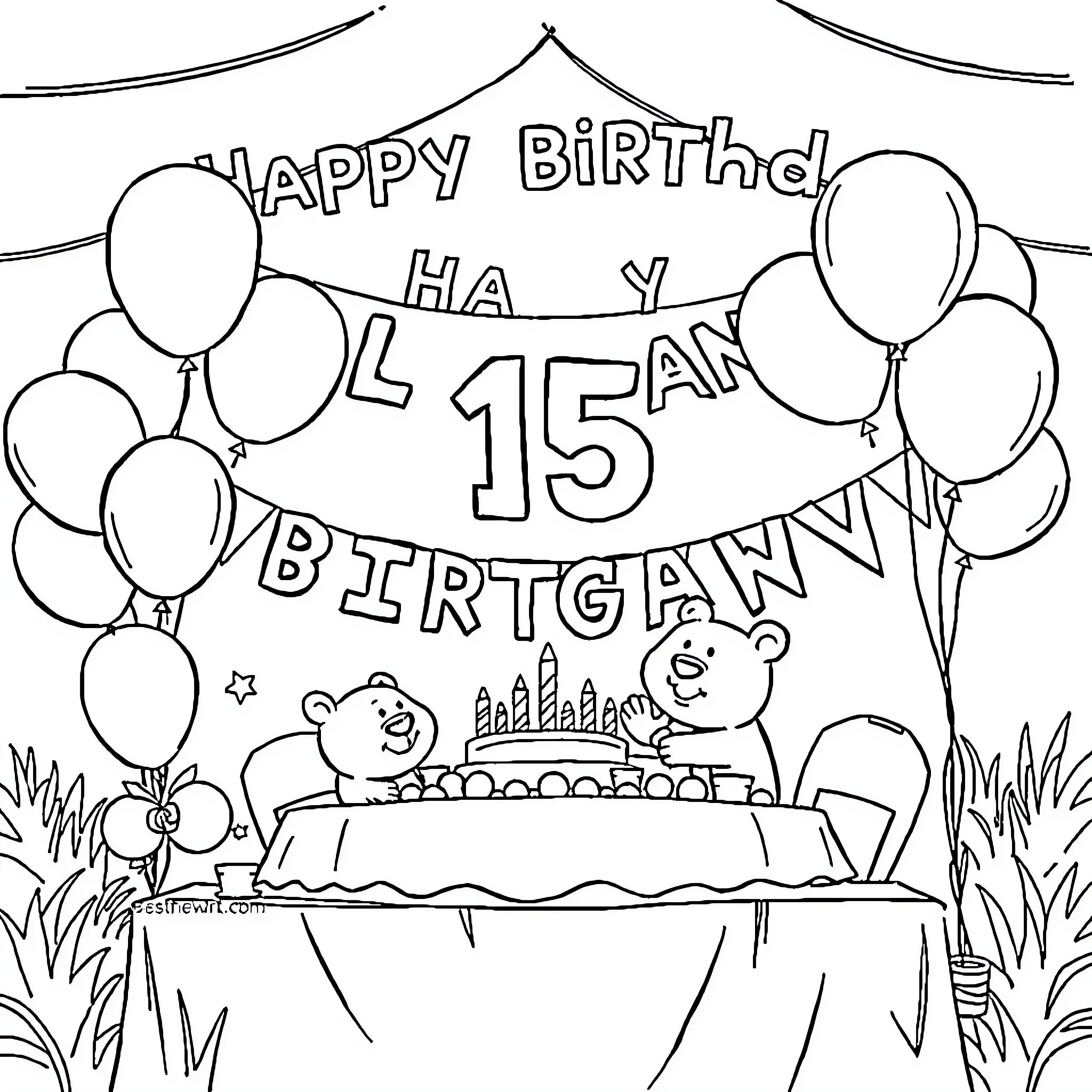 Bear celebrating a 15th birthday with cake and balloons Coloring Page (free black-and-white line drawing printable PDF for all, from beginners to advanced learners, including children, teens, adults, and seniors)