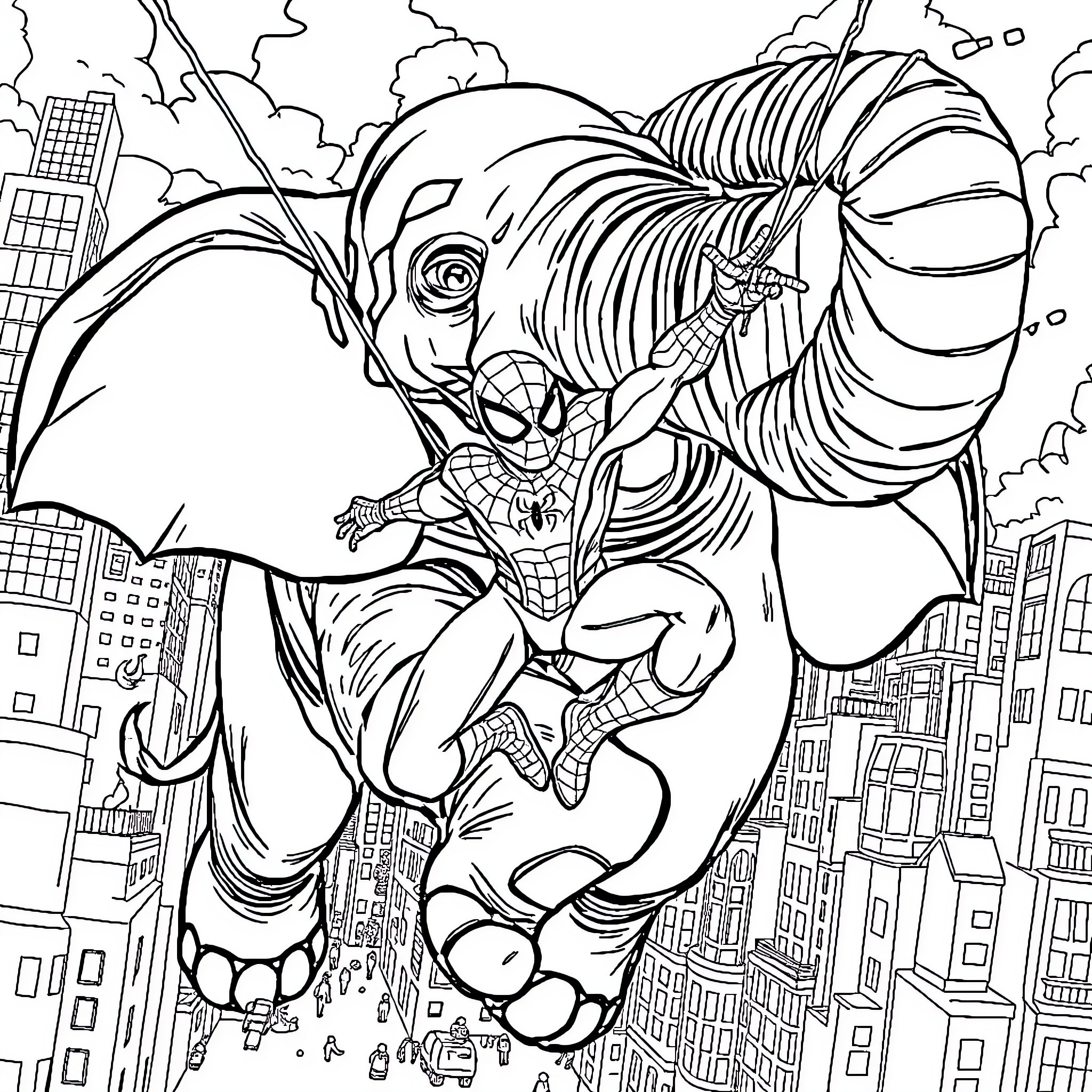 Spiderman Swinging Through the City with Dramatic Pose Coloring Page (free black-and-white line drawing printable PDF for all, from beginners to advanced learners, including children, teens, adults, and seniors)