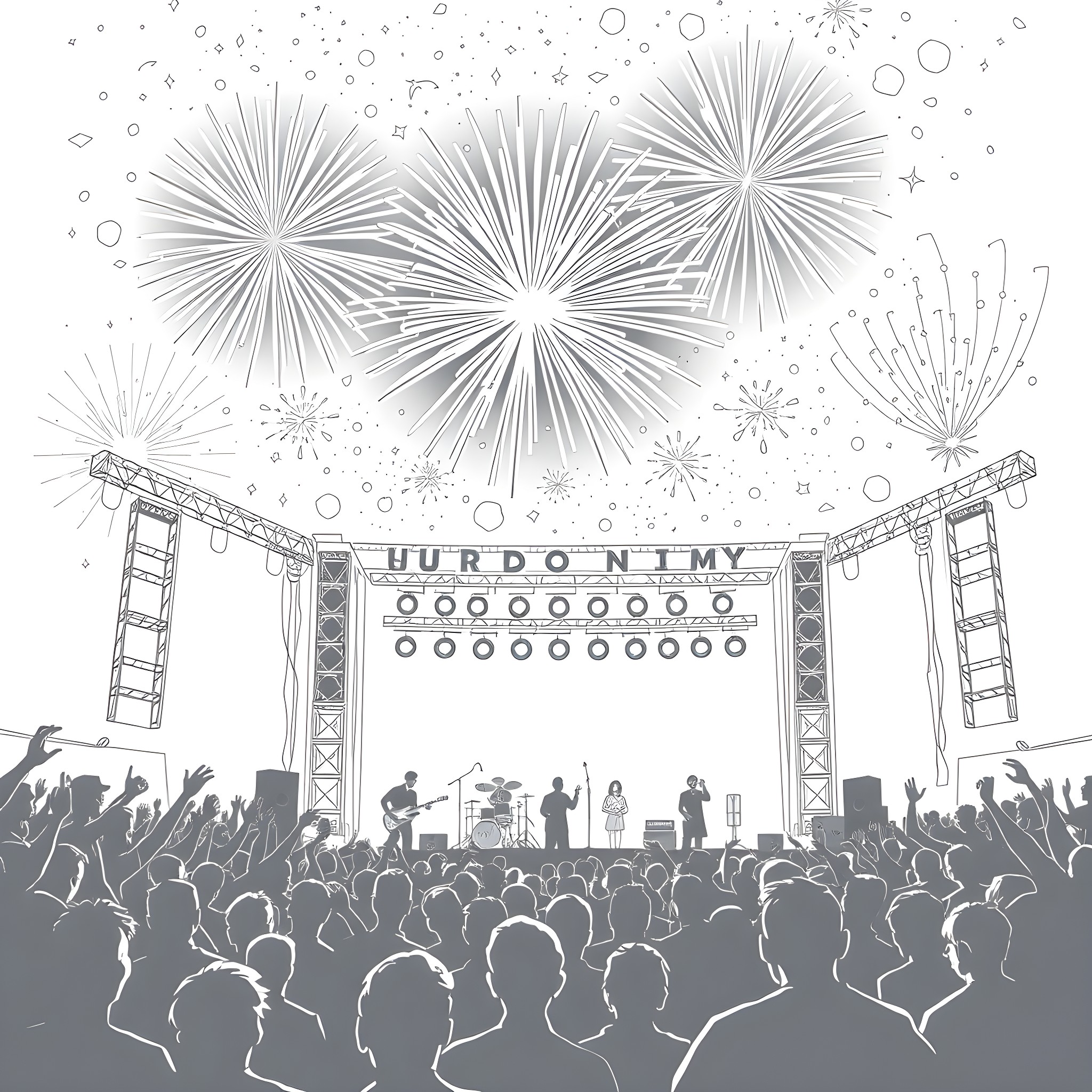 Fireworks display over a concert stage and audience Coloring Page (free black-and-white line drawing printable PDF for all, from beginners to advanced learners, including children, teens, adults, and seniors)