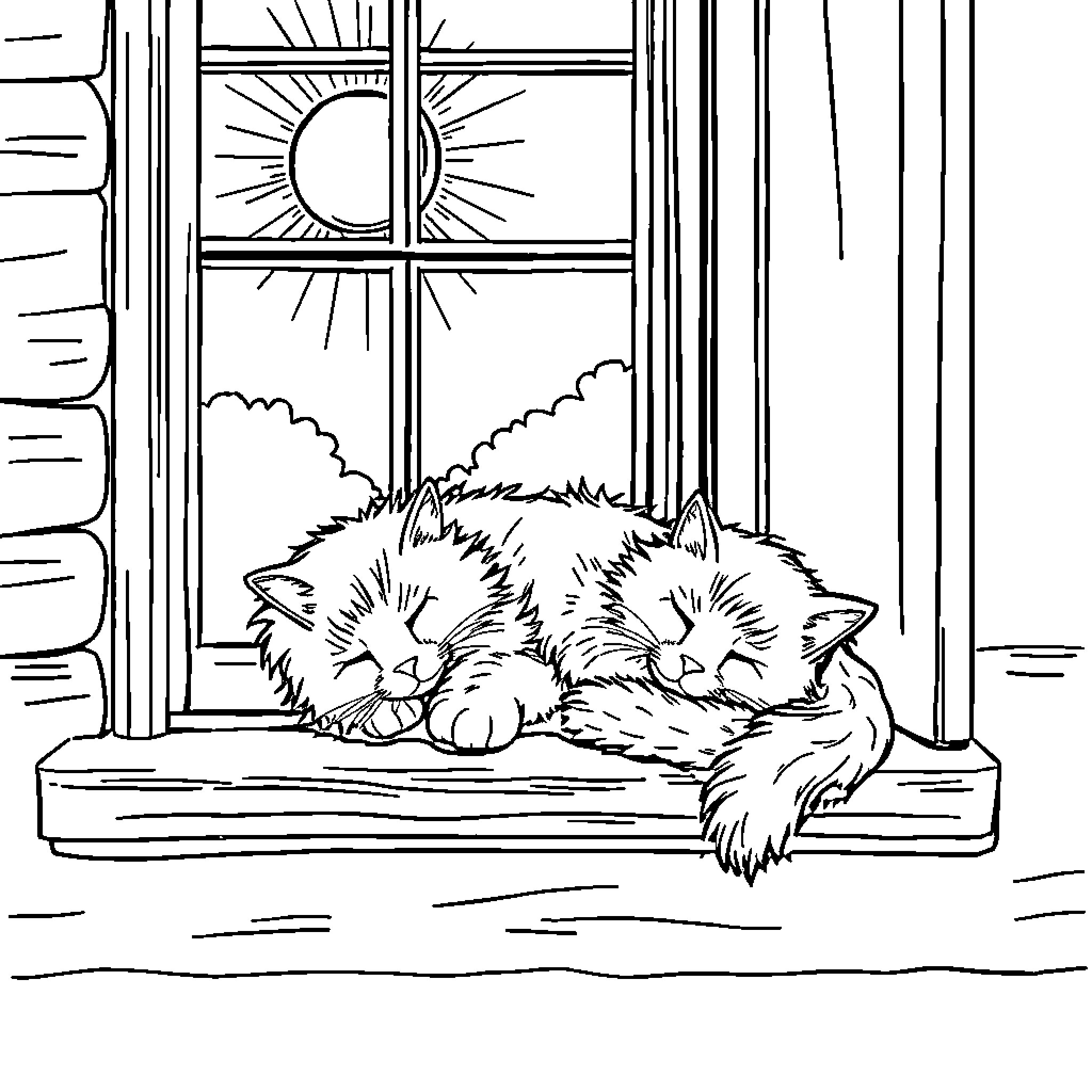 Cats Napping Peacefully by the Window Coloring Page (free black-and-white line drawing printable PDF for all, from beginners to advanced learners, including children, teens, adults, and seniors)