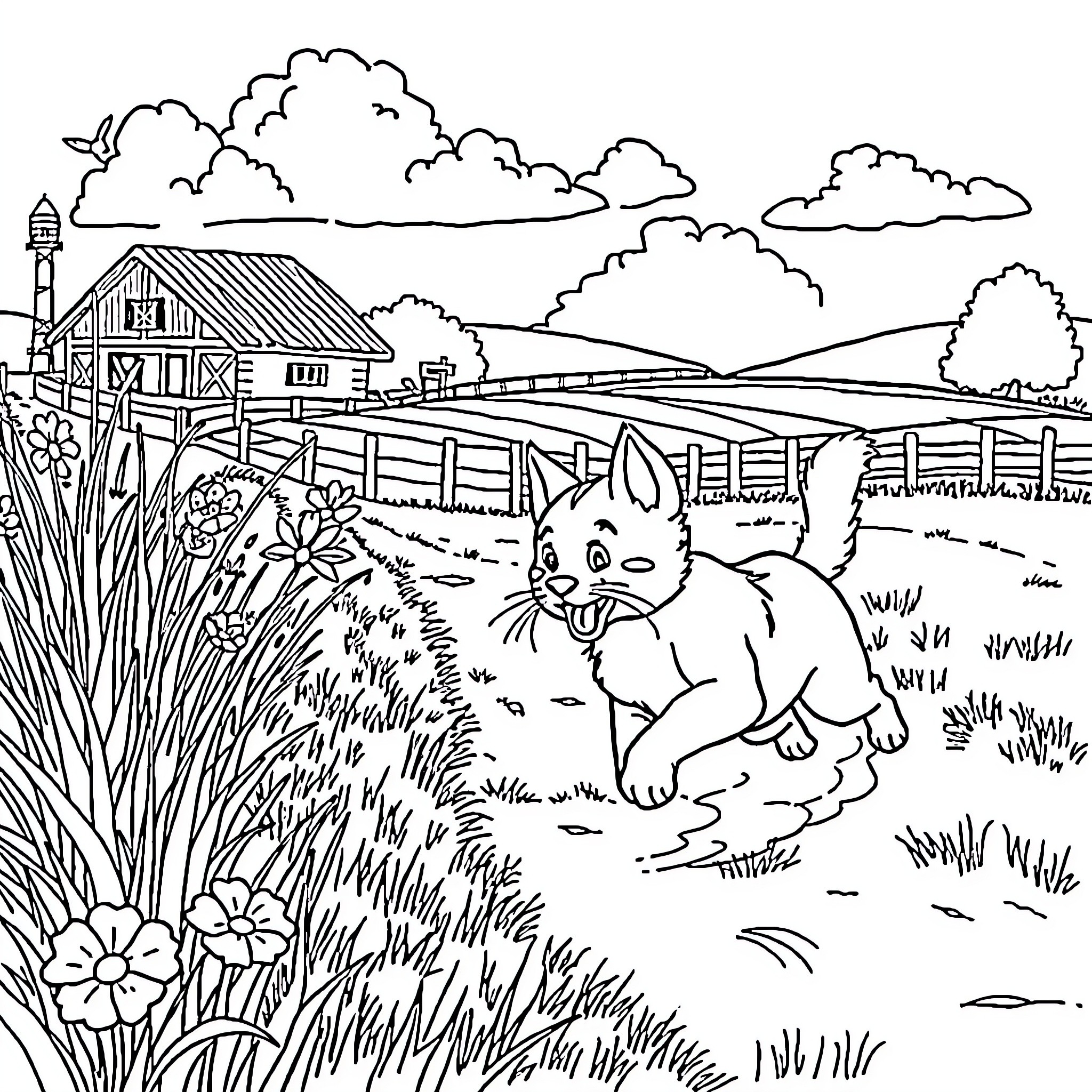 Cat Exploring the Countryside Landscape Coloring Page (free black-and-white line drawing printable PDF for all, from beginners to advanced learners, including children, teens, adults, and seniors)