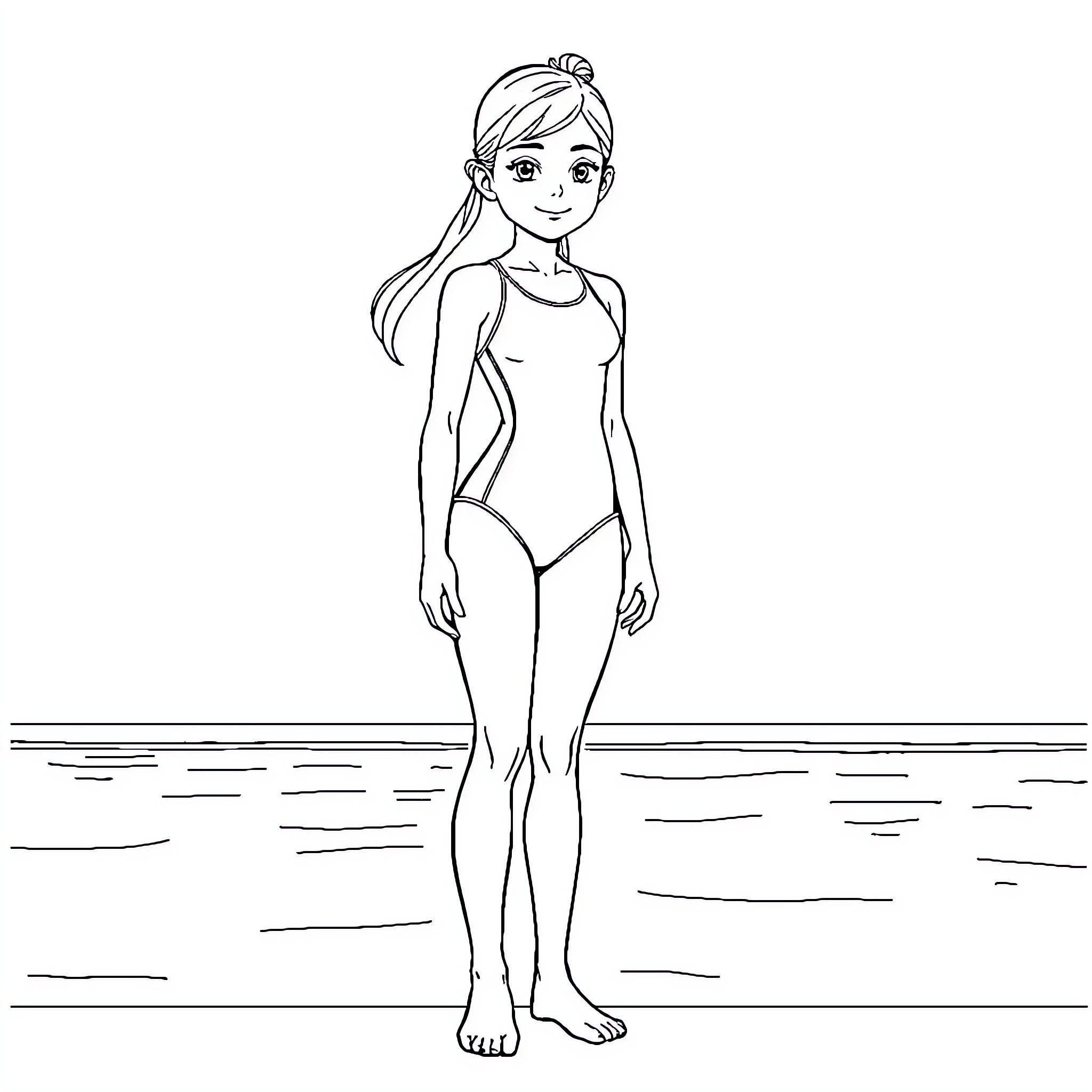 Girl in swimsuit by the beach Coloring Page (free black-and-white line drawing printable PDF for all, from beginners to advanced learners, including children, teens, adults, and seniors)