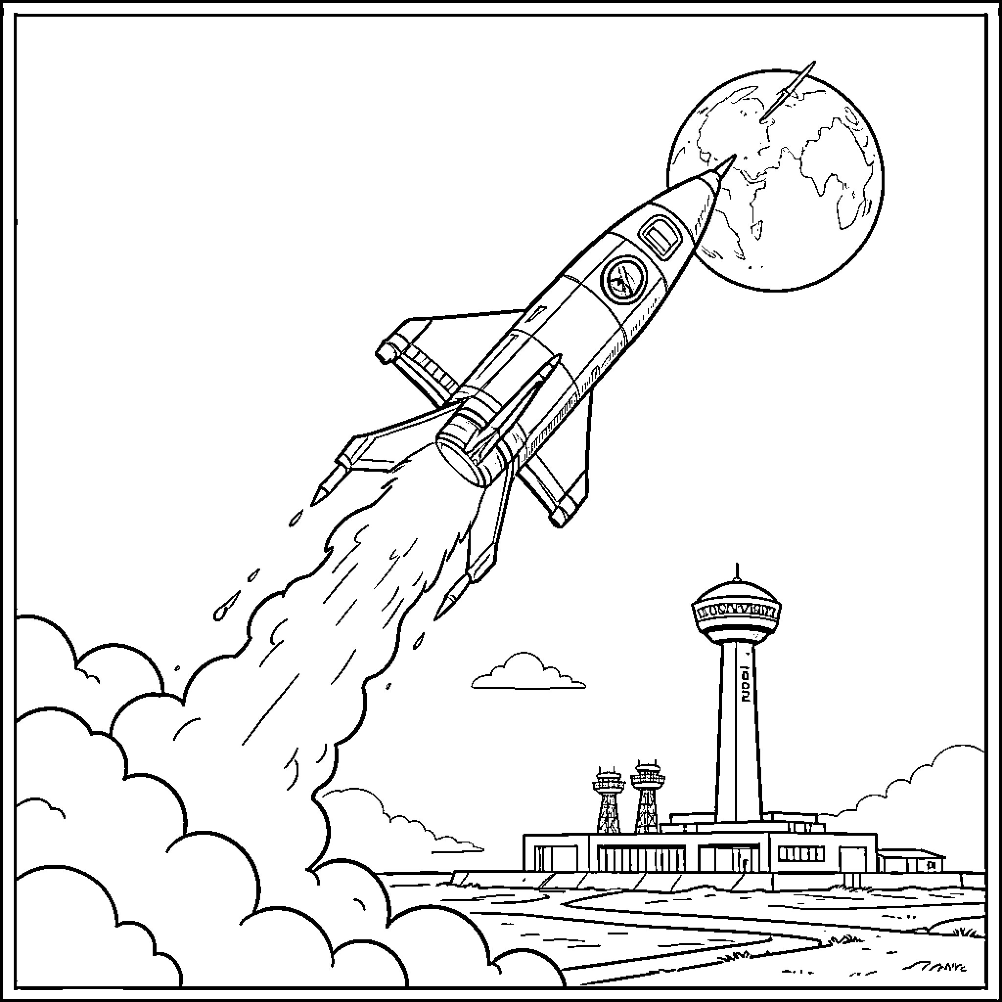 Nave Espacial launching into the sky Coloring Page (free black-and-white line drawing printable PDF for all, from beginners to advanced learners, including children, teens, adults, and seniors)