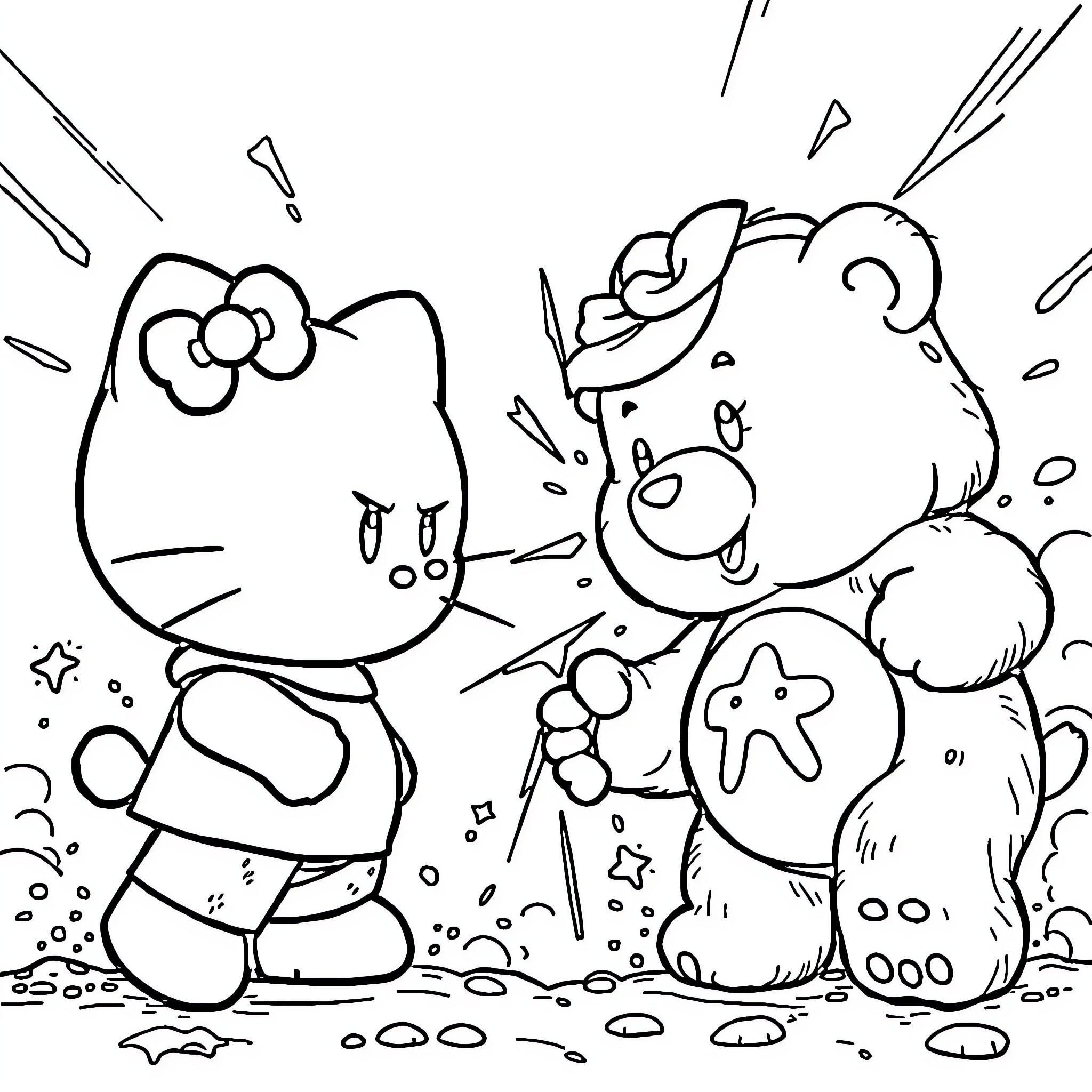 Hello Kitty playing with friendly animals Coloring Page (free black-and-white line drawing printable PDF for all, from beginners to advanced learners, including children, teens, adults, and seniors)