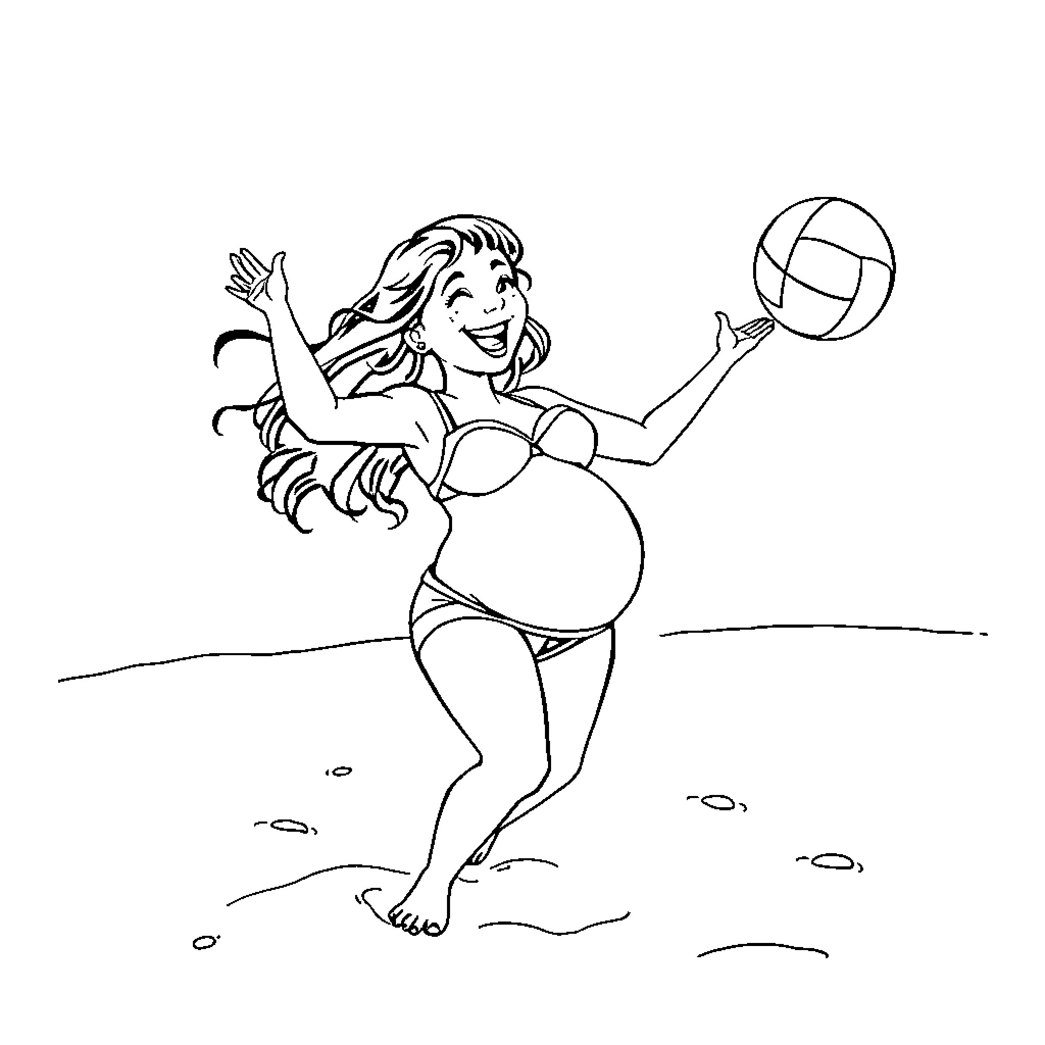 Belly Bump Beach Volleyball Coloring Page (free black-and-white line drawing printable PDF for all, from beginners to advanced learners, including children, teens, adults, and seniors)