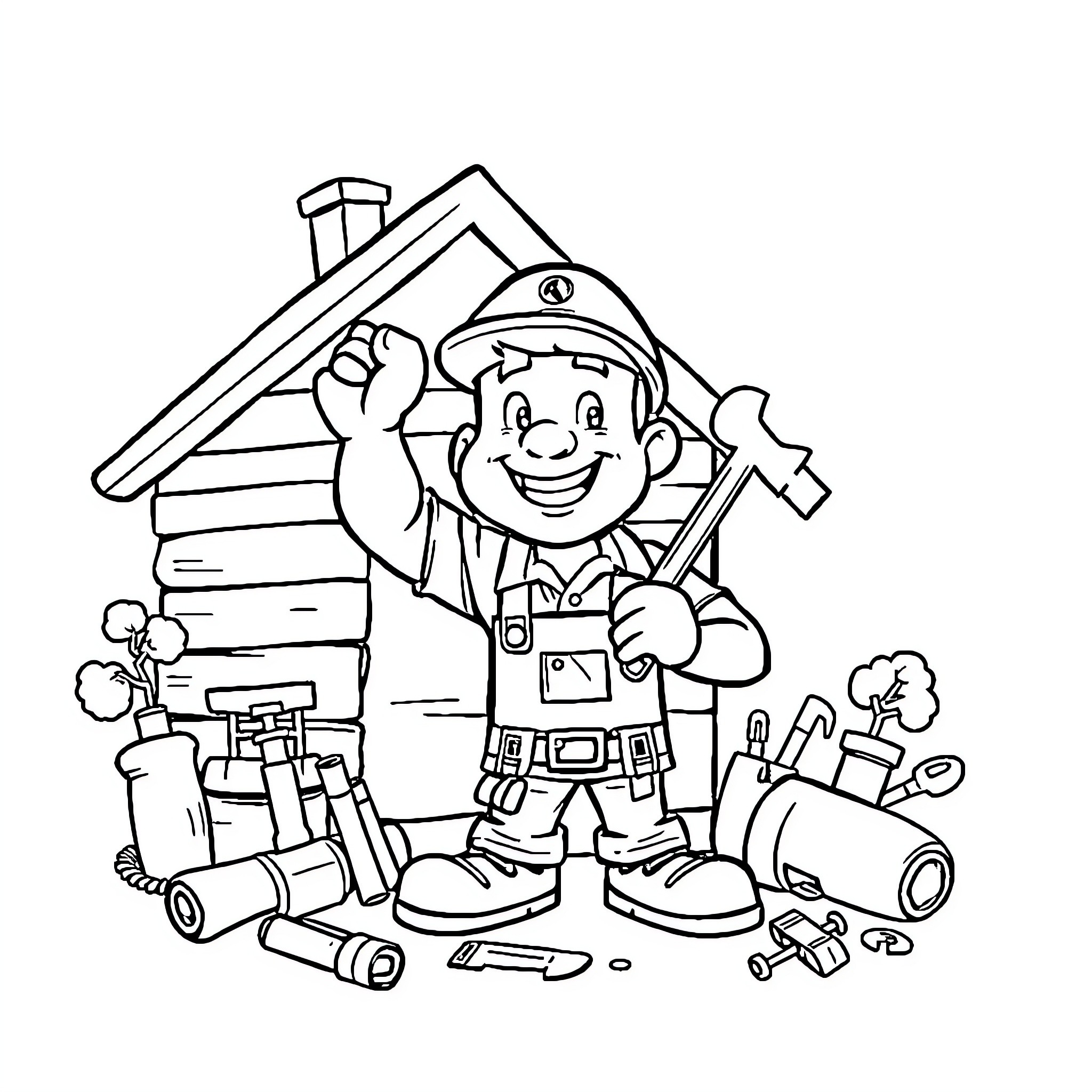 Handyman working on home repairs with tools Coloring Page (free black-and-white line drawing printable PDF for all, from beginners to advanced learners, including children, teens, adults, and seniors)