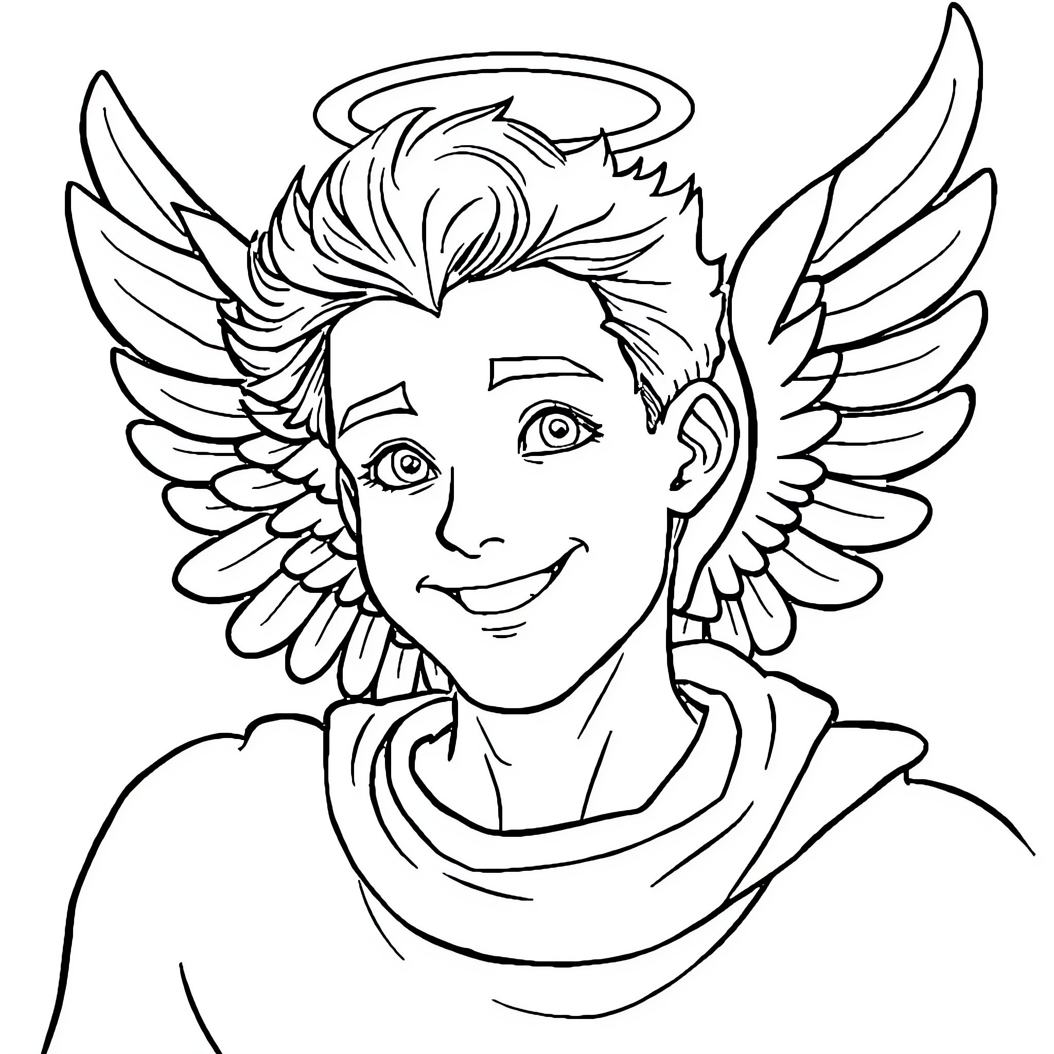 Angel with Radiant Expression and Angelic Wings Coloring Page (free black-and-white line drawing printable PDF for all, from beginners to advanced learners, including children, teens, adults, and seniors)