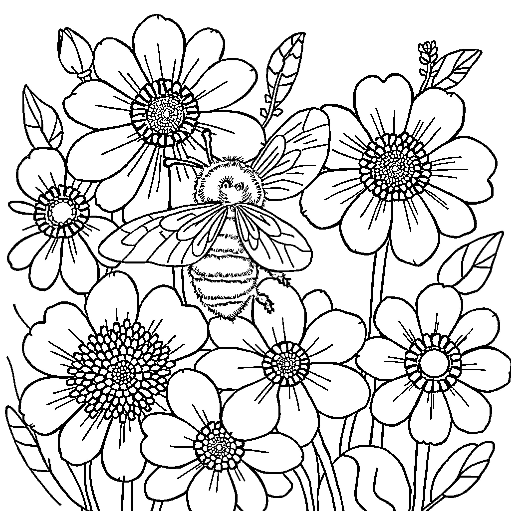 Bee flying among blooming flowers Coloring Page (free black-and-white line drawing printable PDF for all, from beginners to advanced learners, including children, teens, adults, and seniors)