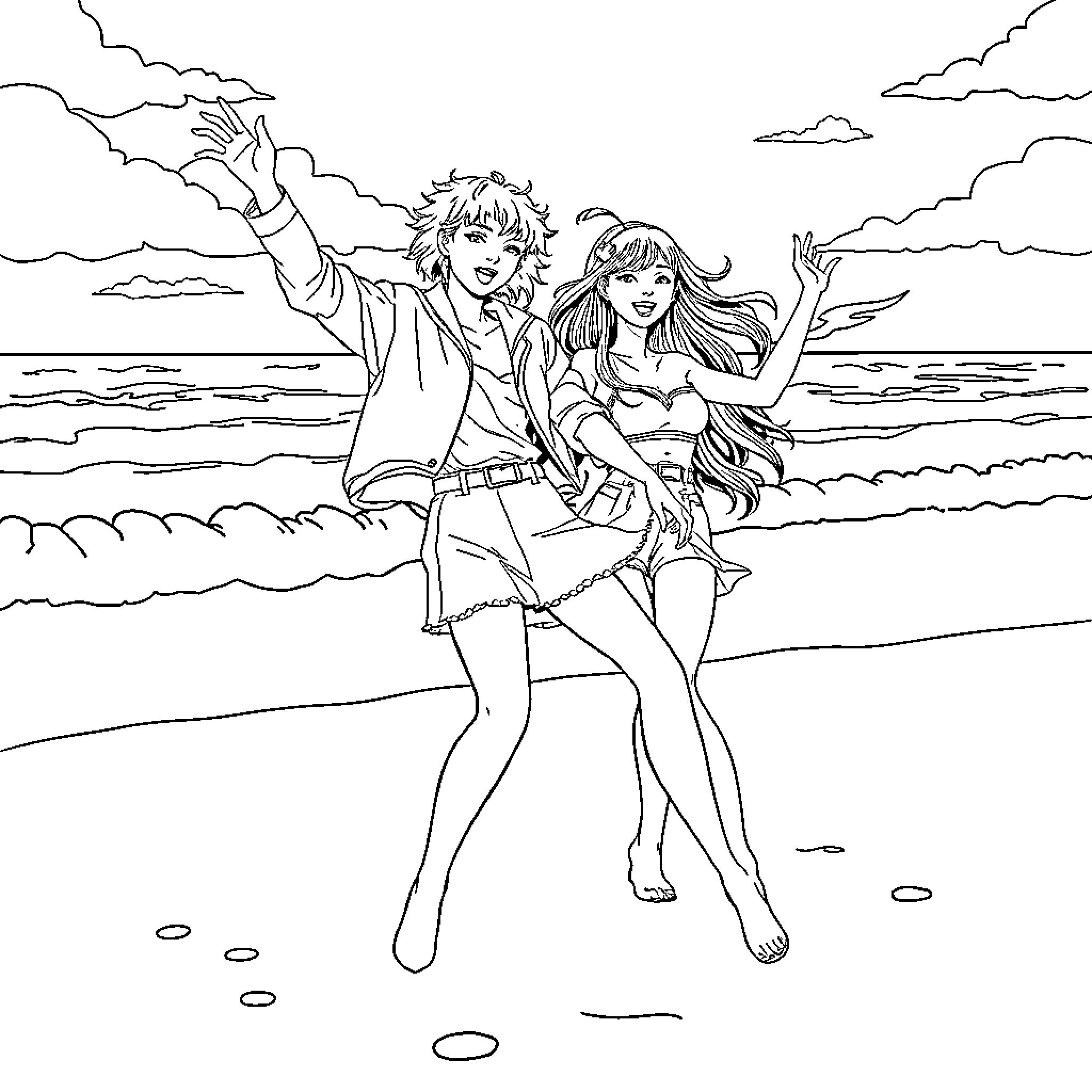 Kpop Couple Enjoying Seaside Moment Coloring Page (free black-and-white line drawing printable PDF for all, from beginners to advanced learners, including children, teens, adults, and seniors)