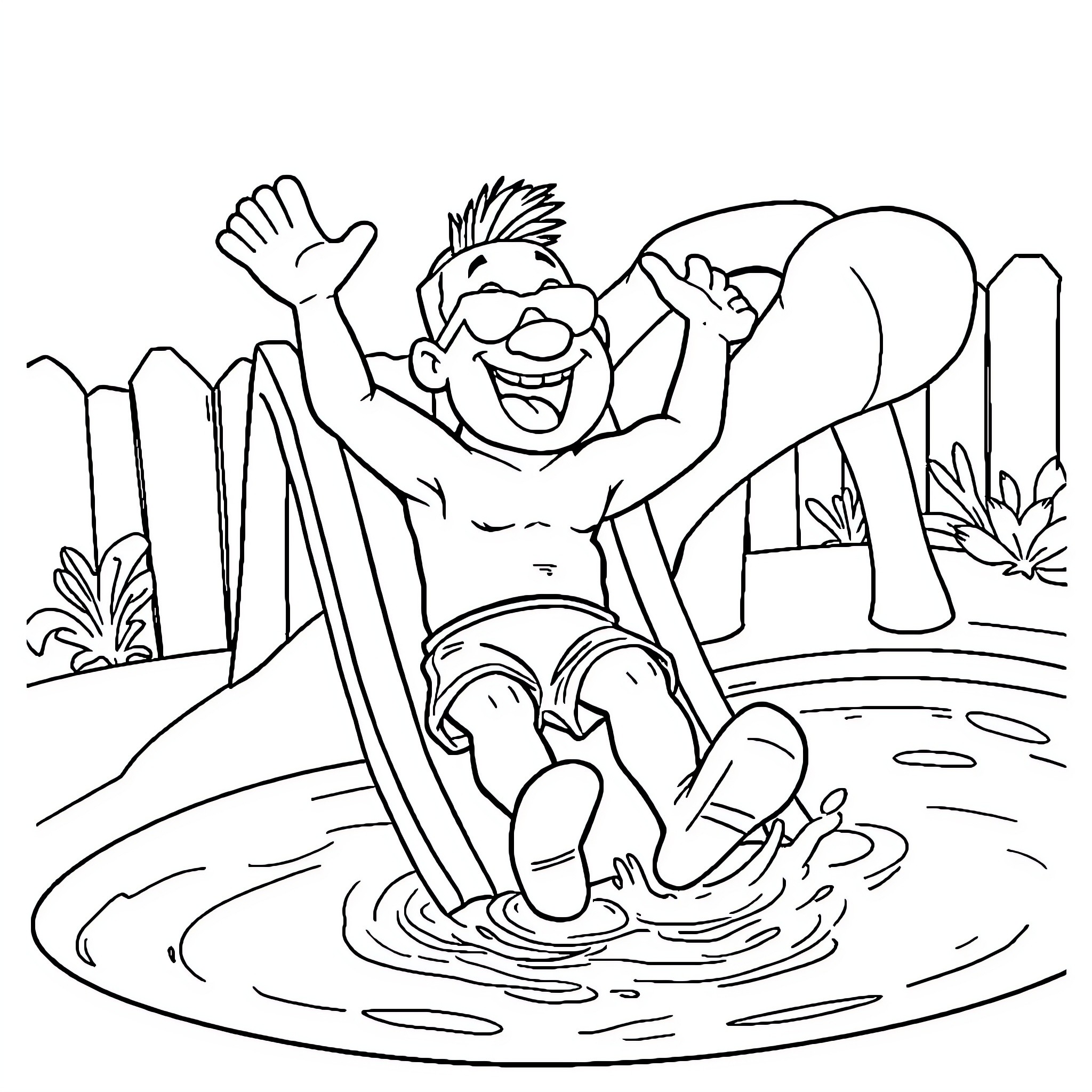 Mr T Enjoying Fun Water Slide Adventure Coloring Page (free black-and-white line drawing printable PDF for all, from beginners to advanced learners, including children, teens, adults, and seniors)