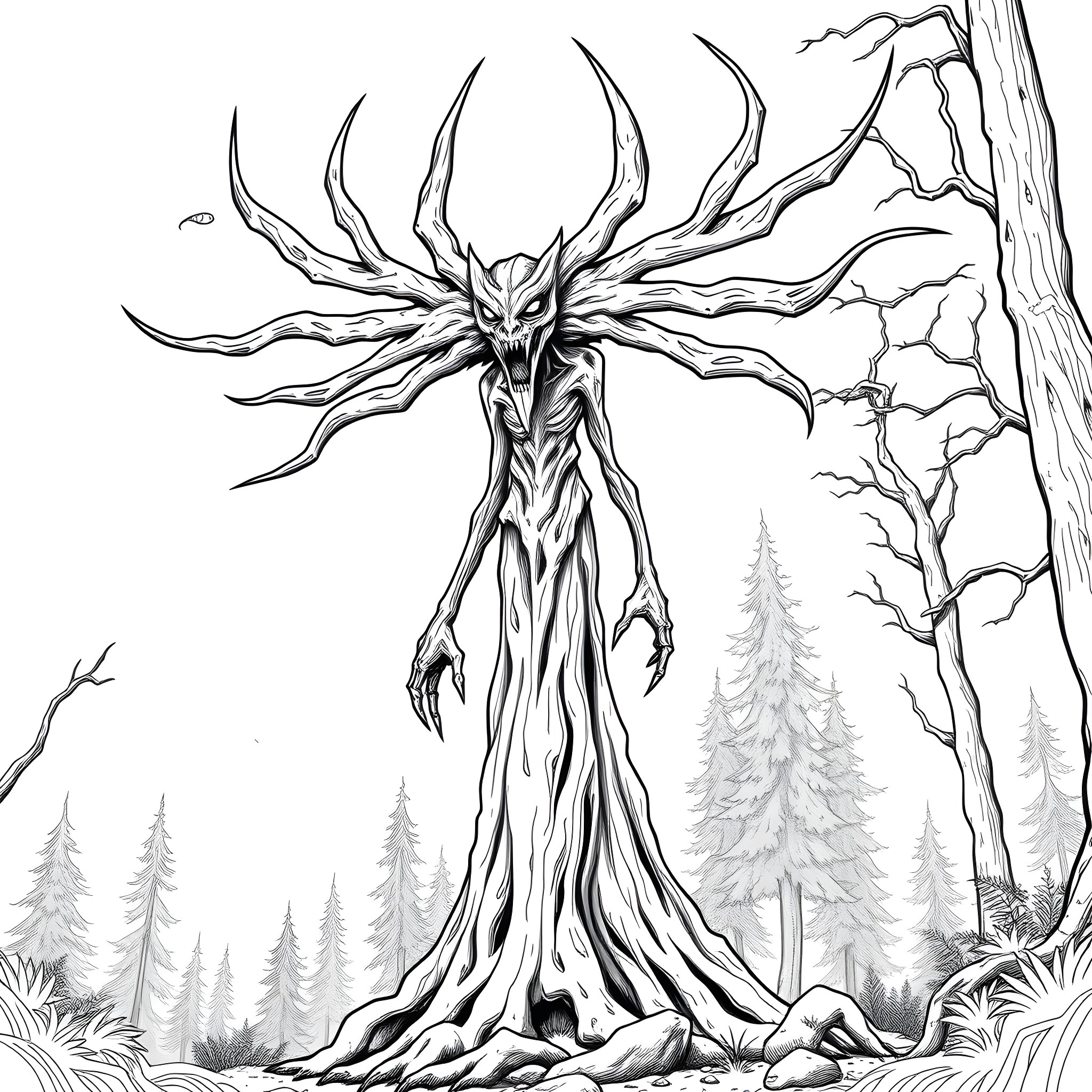 Sirenhead stalking through the eerie forest Coloring Page (free black-and-white line drawing printable PDF for all, from beginners to advanced learners, including children, teens, adults, and seniors)
