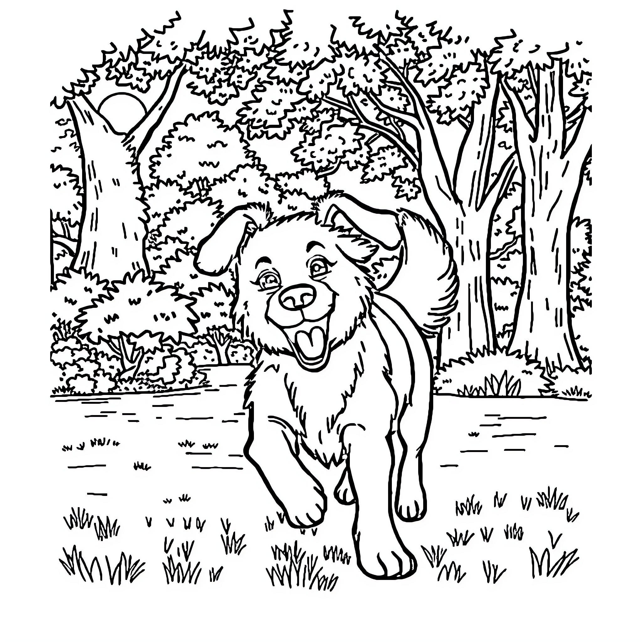Dog exploring the vibrant forest Coloring Page (free black-and-white line drawing printable PDF for all, from beginners to advanced learners, including children, teens, adults, and seniors)