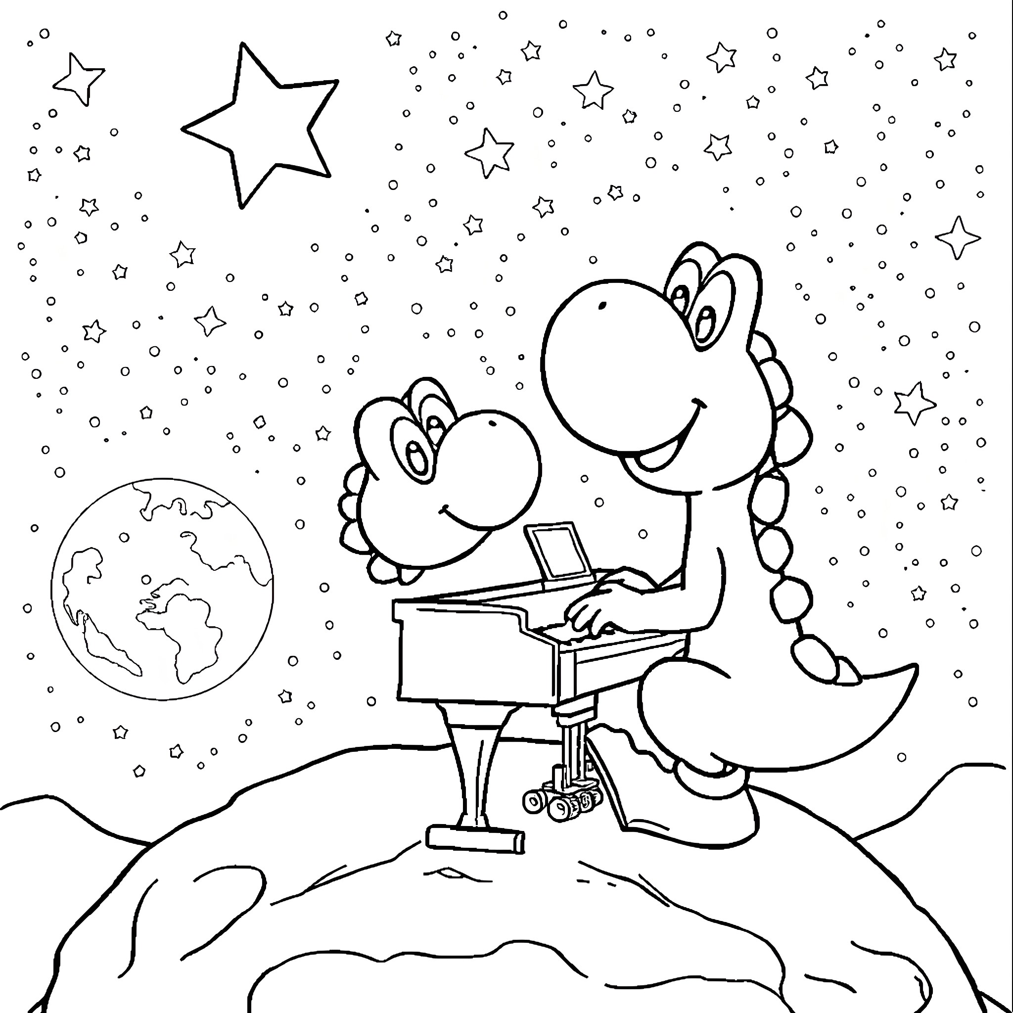Yoshi playing joyfully on a cosmic stage Coloring Page (free black-and-white line drawing printable PDF for all, from beginners to advanced learners, including children, teens, adults, and seniors)
