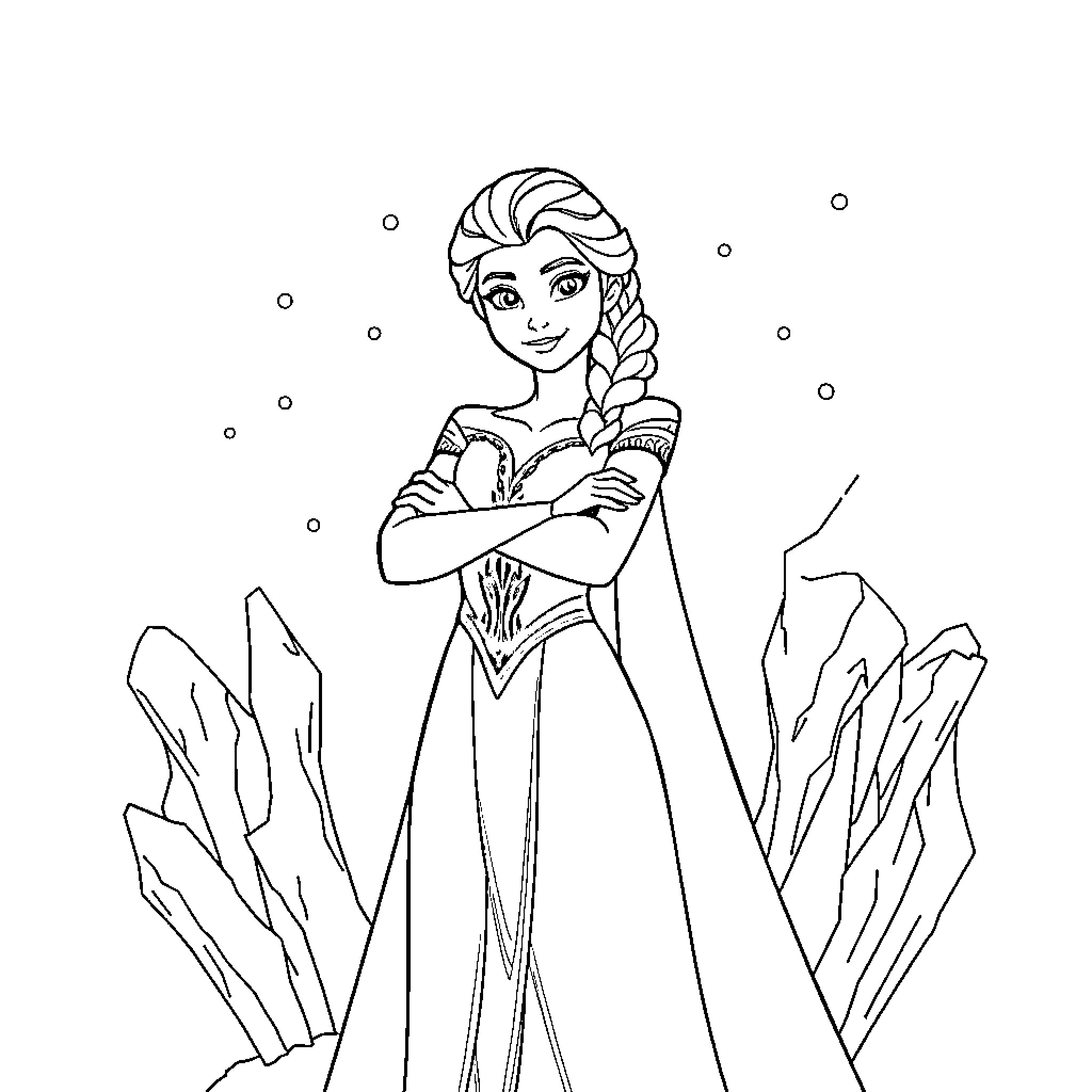 Elsa standing gracefully amidst jagged ice crystals Coloring Page (free black-and-white line drawing printable PDF for all, from beginners to advanced learners, including children, teens, adults, and seniors)