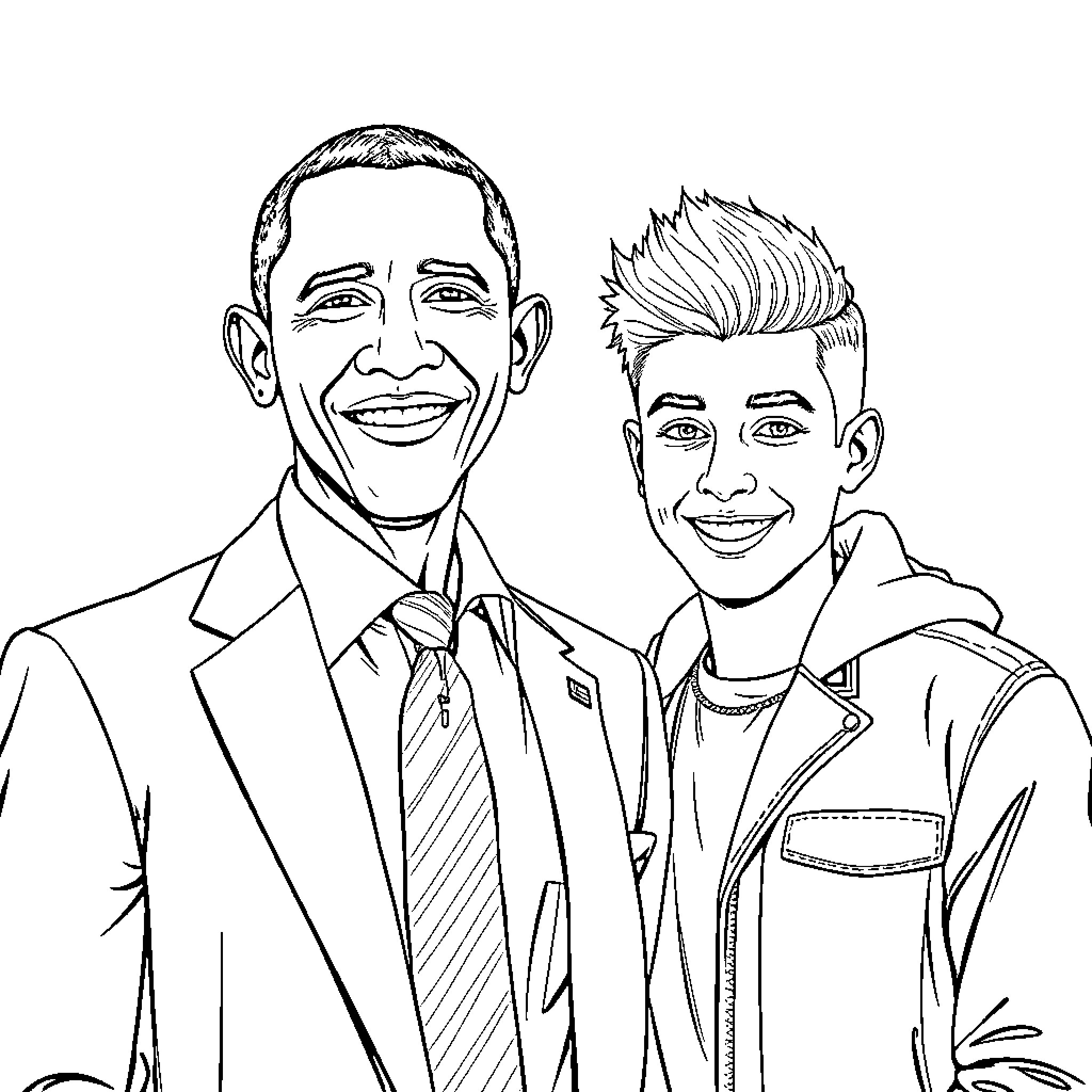 Obama and a young man in formal attire Coloring Page (free black-and-white line drawing printable PDF for all, from beginners to advanced learners, including children, teens, adults, and seniors)