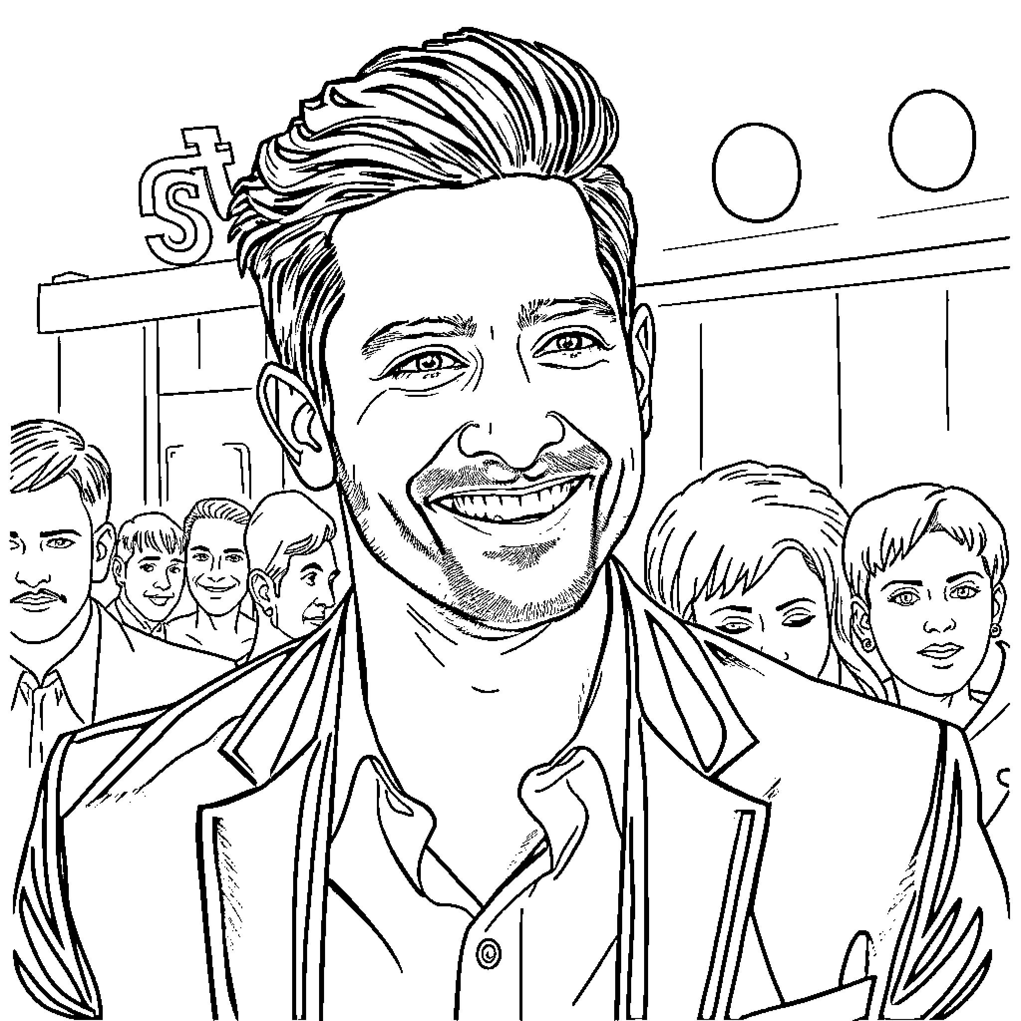 Sidharth Malhotra smiling amidst a crowd Coloring Page (free black-and-white line drawing printable PDF for all, from beginners to advanced learners, including children, teens, adults, and seniors)