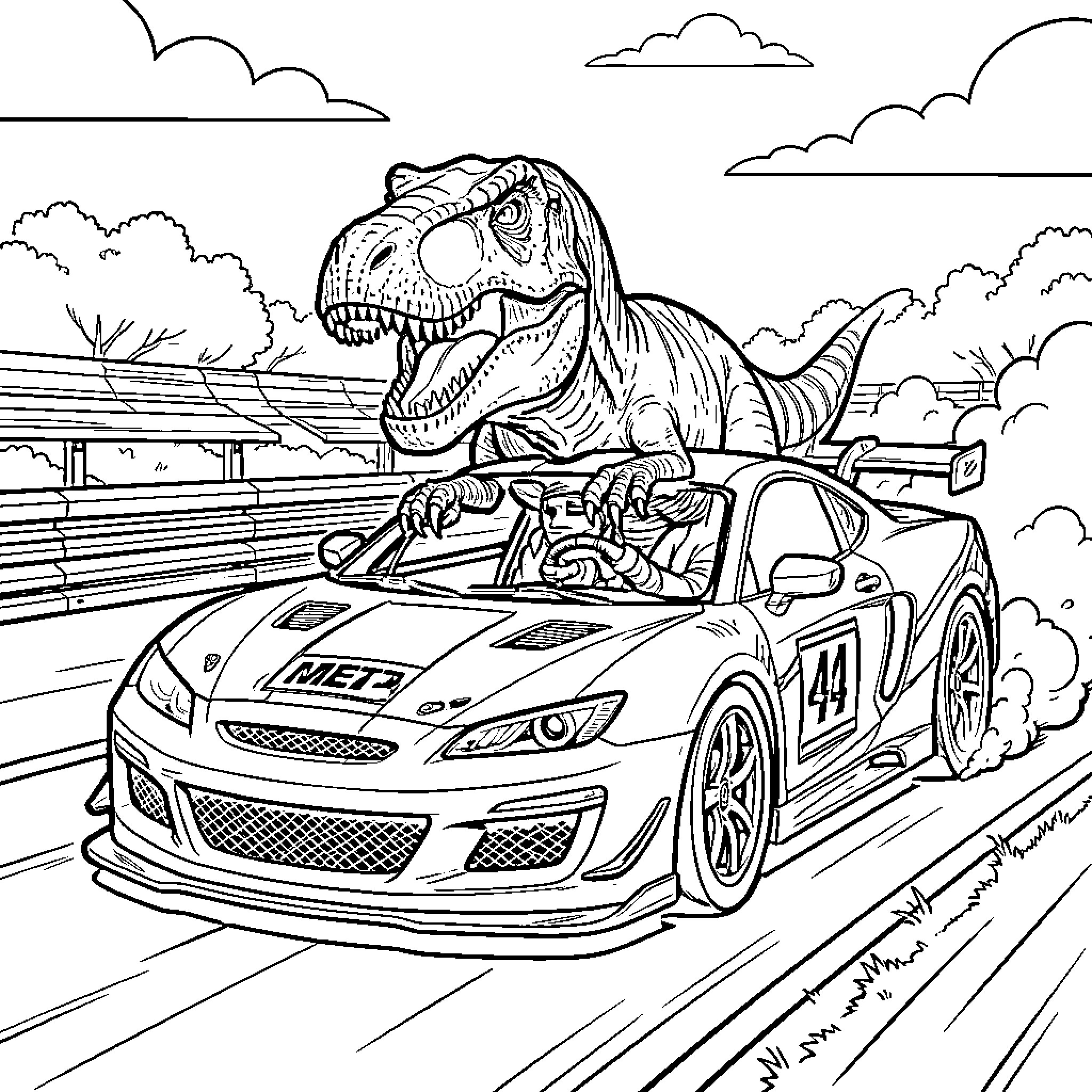 T-Rex Racing with Sports Car on Track Coloring Page (free black-and-white line drawing printable PDF for all, from beginners to advanced learners, including children, teens, adults, and seniors)